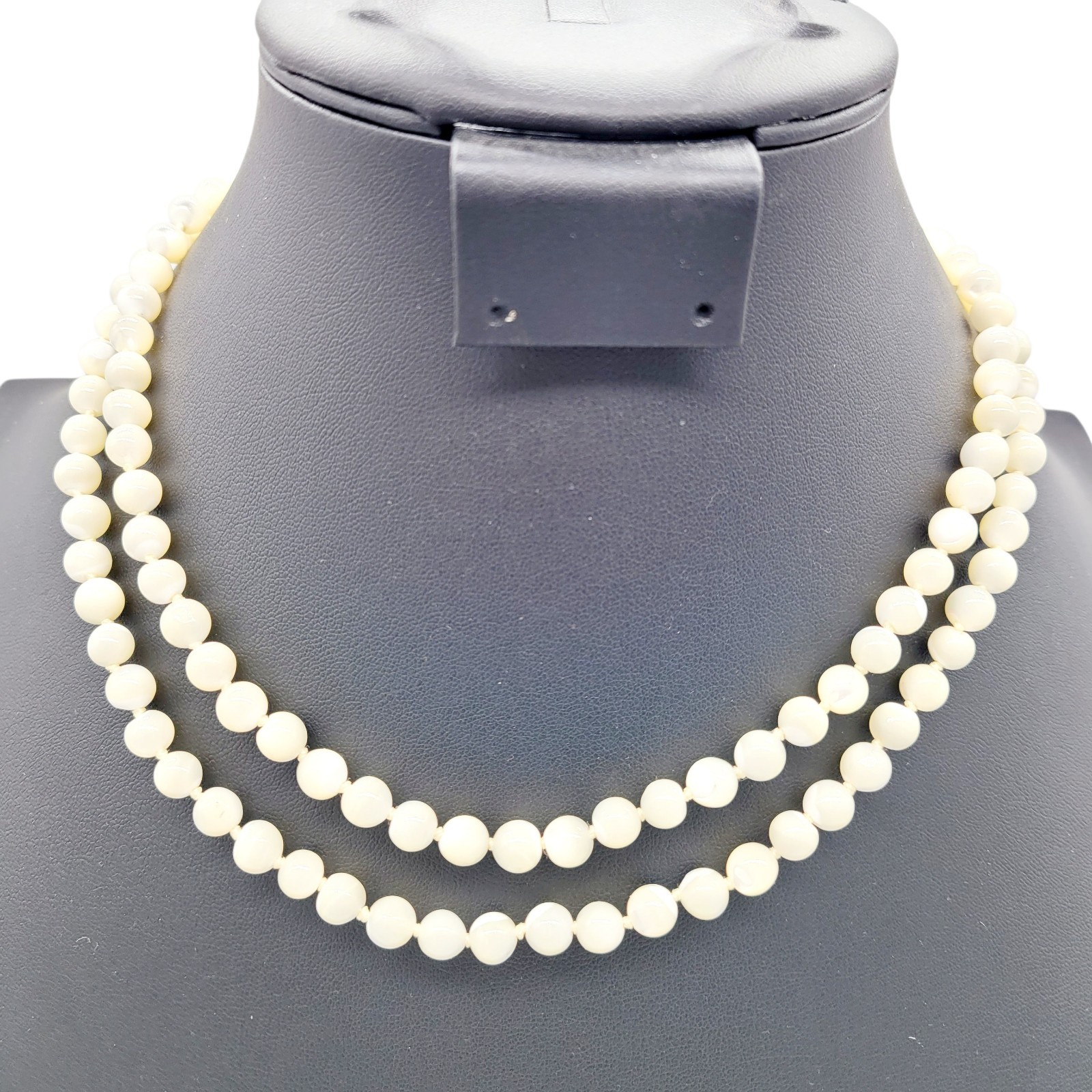 Vtg Monet Mother Of Pearl Beaded Necklace Hand Knotted 36″ 1970’s Sister Clasp