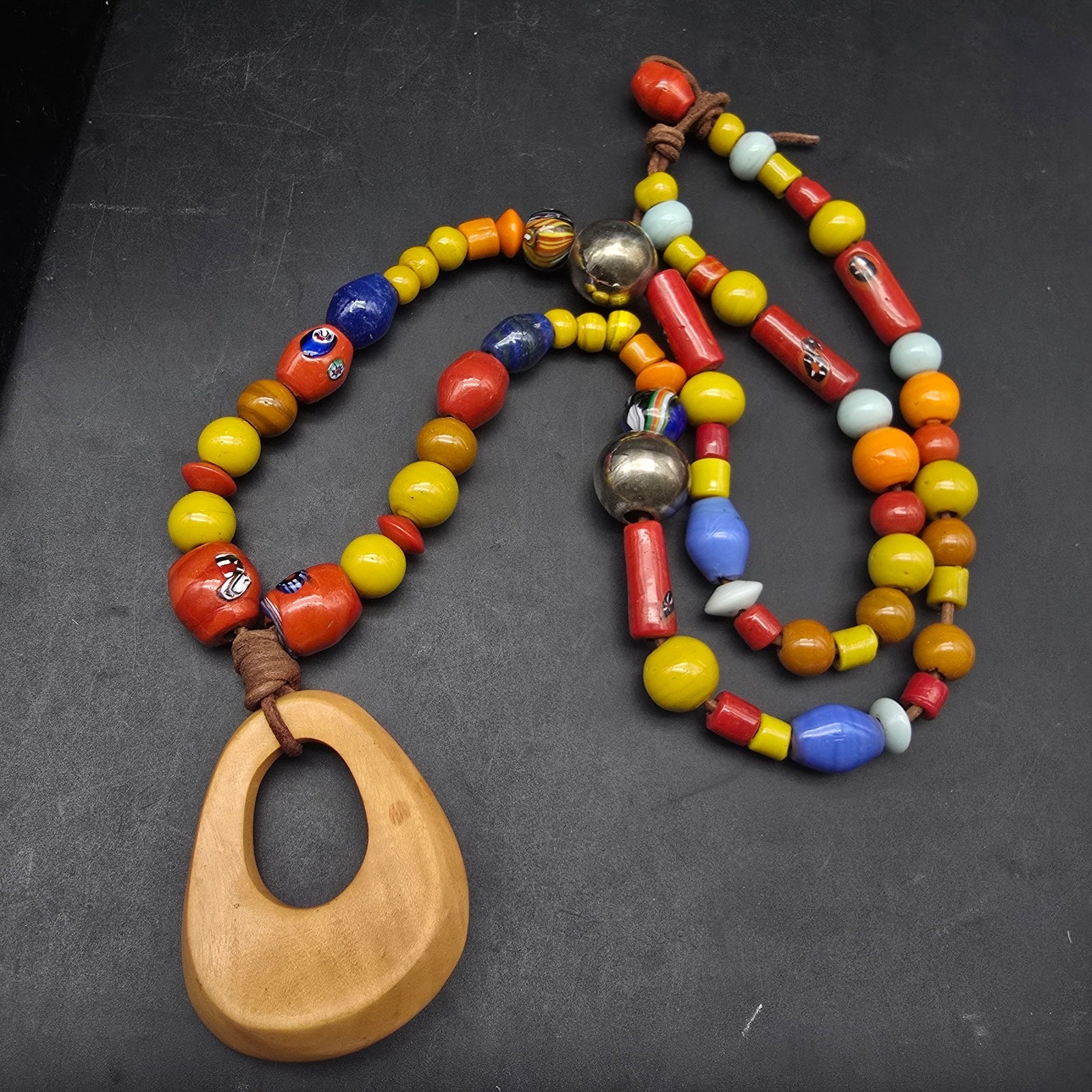 Colorful Glass Ceramic Beaded Necklace with Wood Pendant