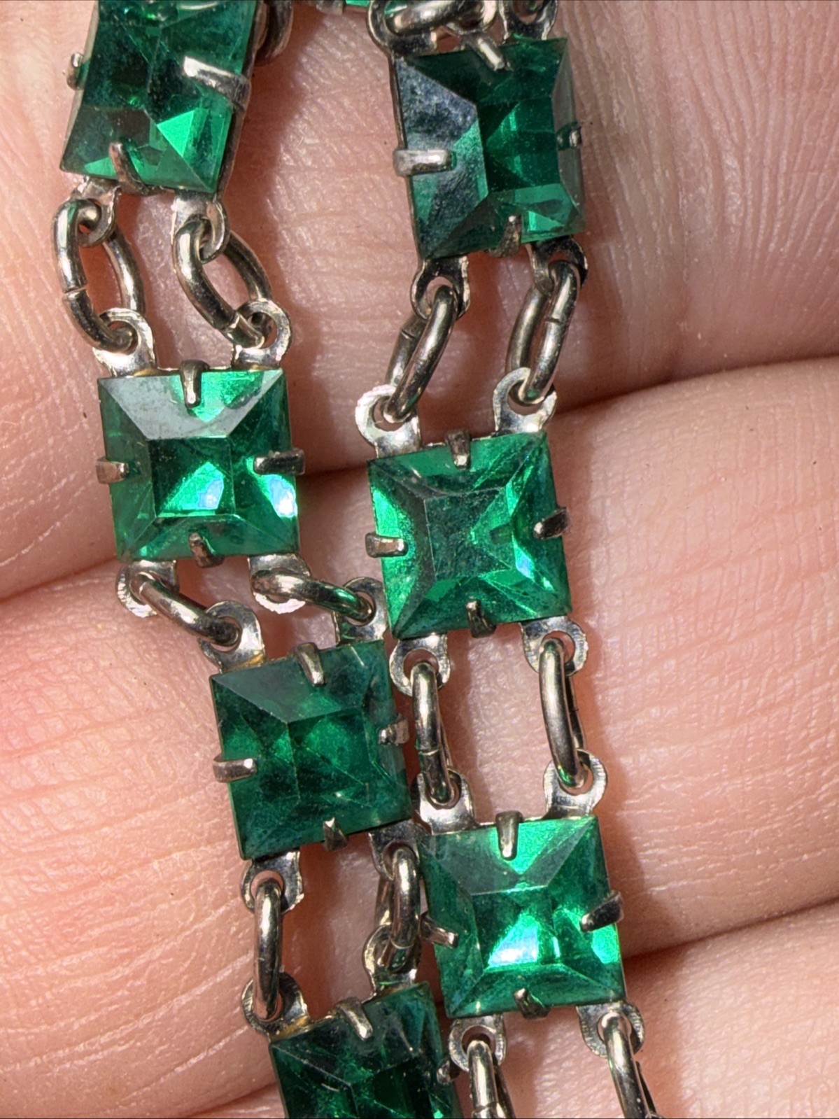 Bracelet Art Deco Paste Gwen Emerald Glass Sterling Silver Square Stone Antique