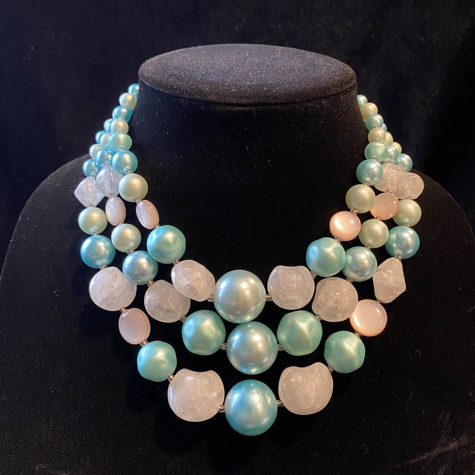 Vintage JAPAN three strand teal blue and white bead necklace. Great condition!