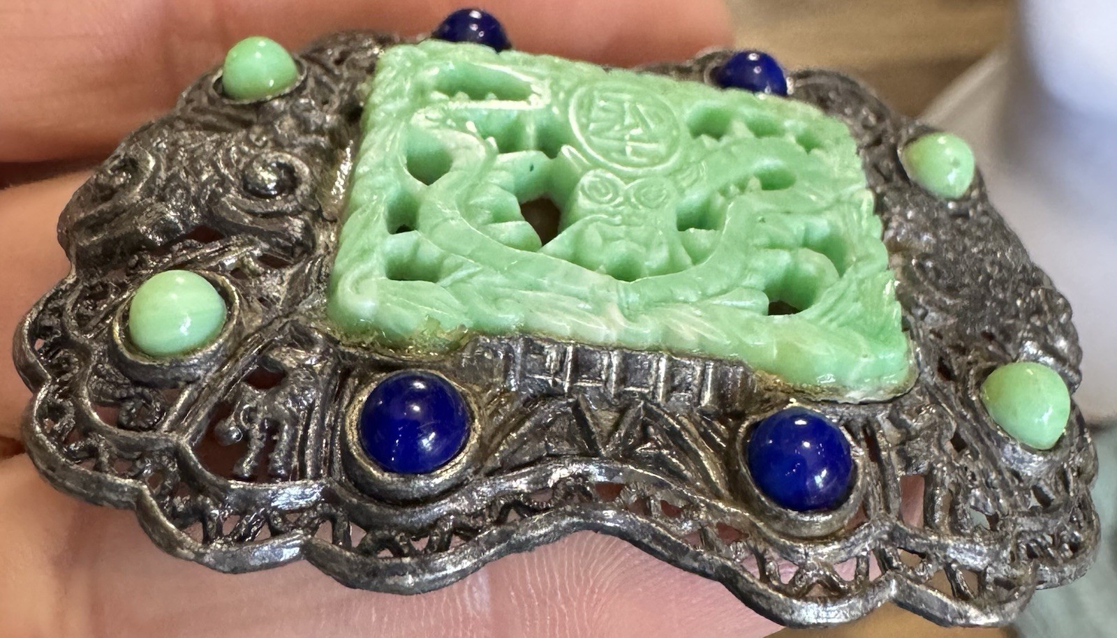 Vintage LN/25 Little Nemo Signed Pot Metal Asian Themed Brooch Faux Peking Glass