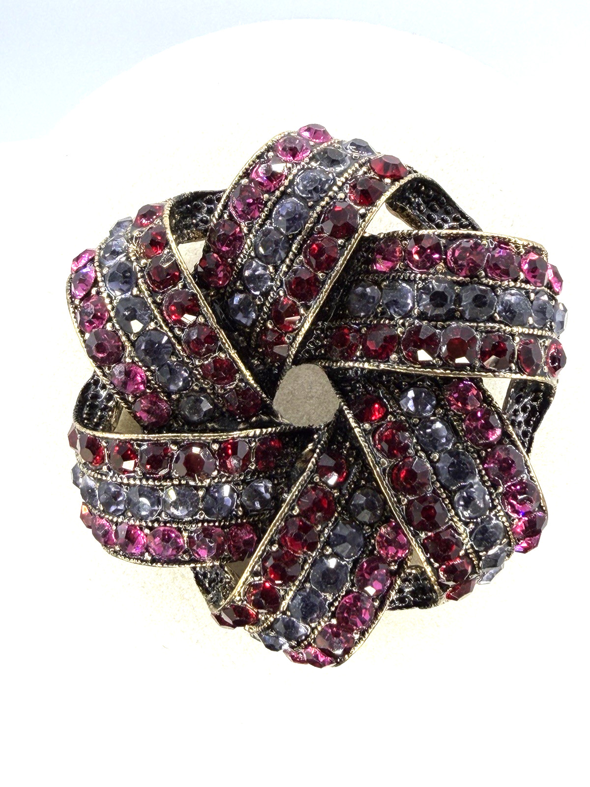 Monet Rhinestone Brooch Pink Red Purple Swirl Pin Gold Tone Vintage