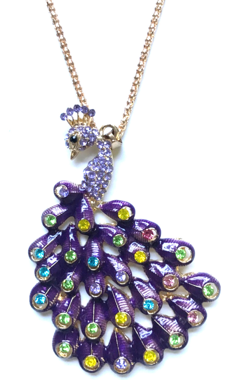 BJ BETSEY JOHNSON PURPLE & MULTI COLORED RHINESTONE PEACOCK PENDANT NECKLACE