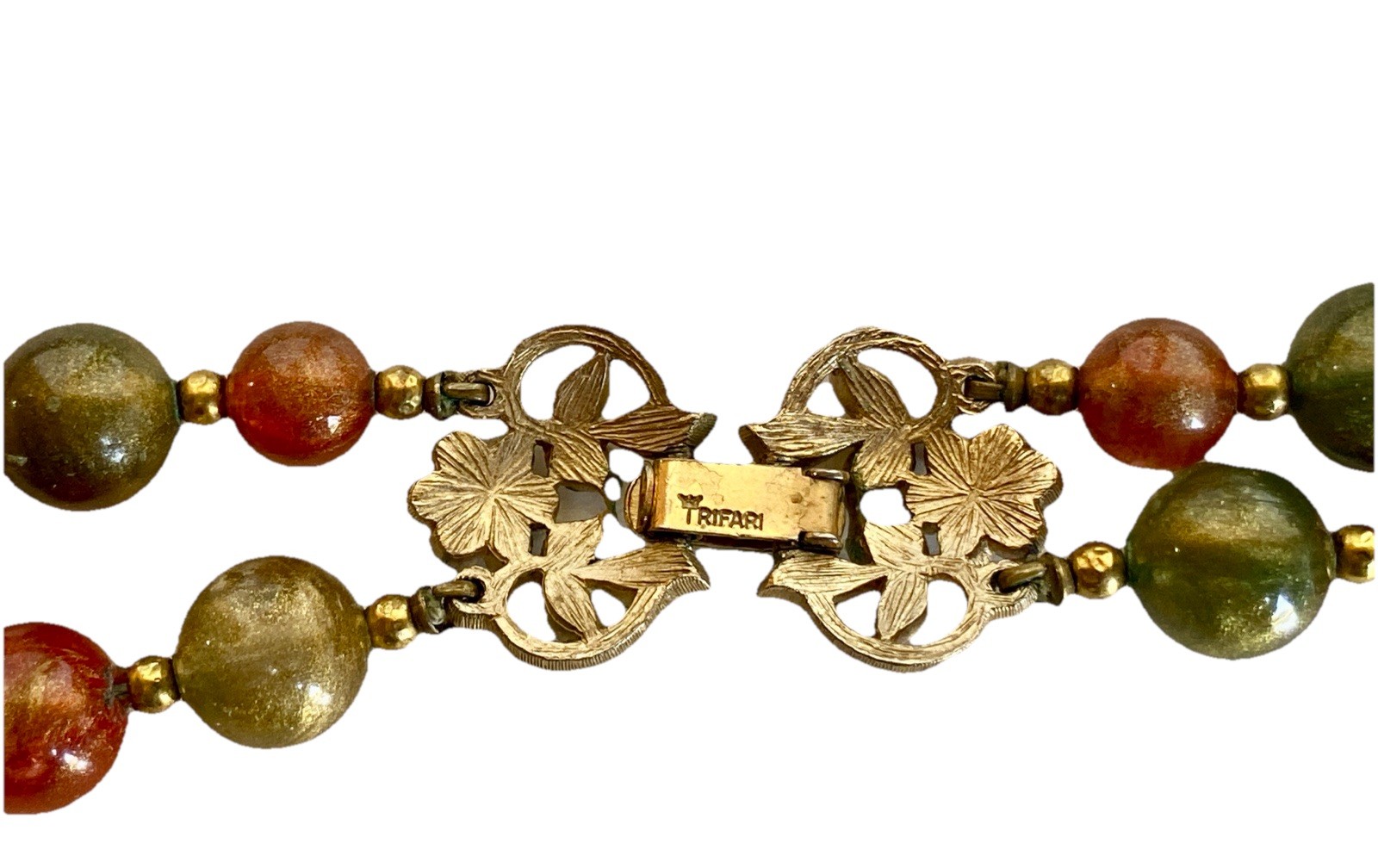 Vintage Crown Trifari Double Strand Necklace, Fall Colors, 24″ Long