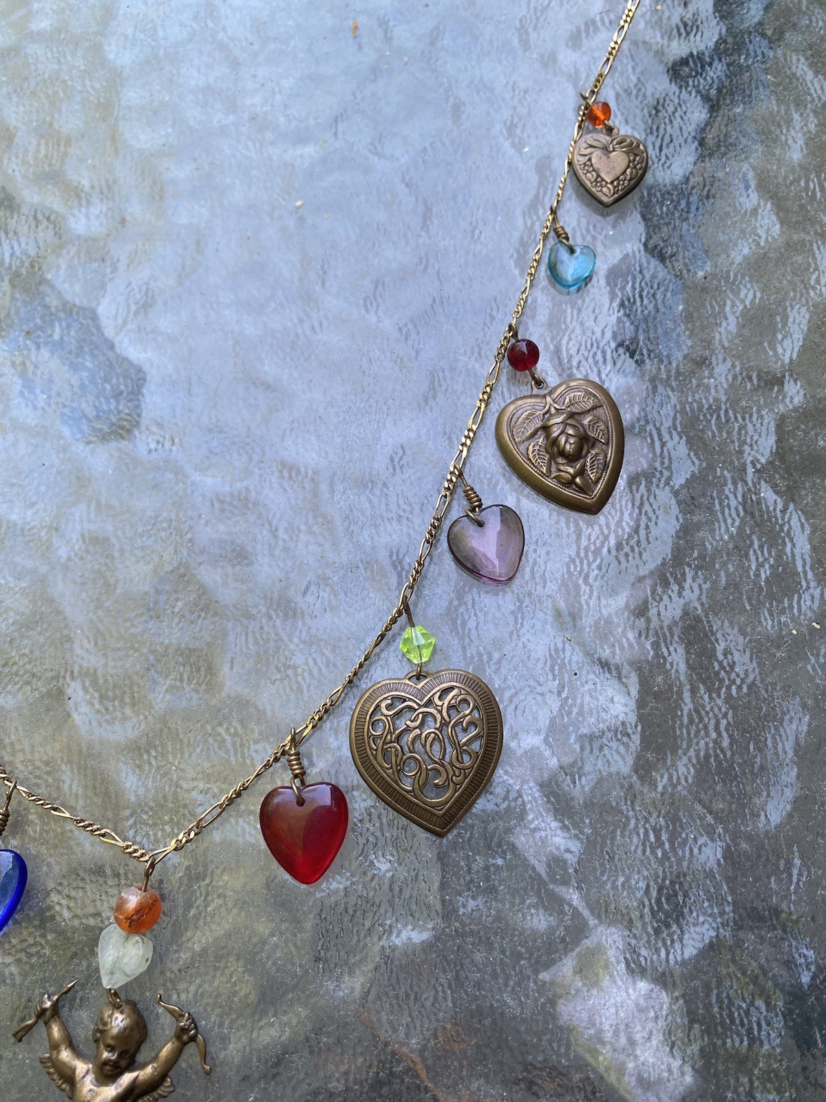 Vintage Glass Works Studio Charm Necklace GWS Cupid Heart Angel Costume Jewelry