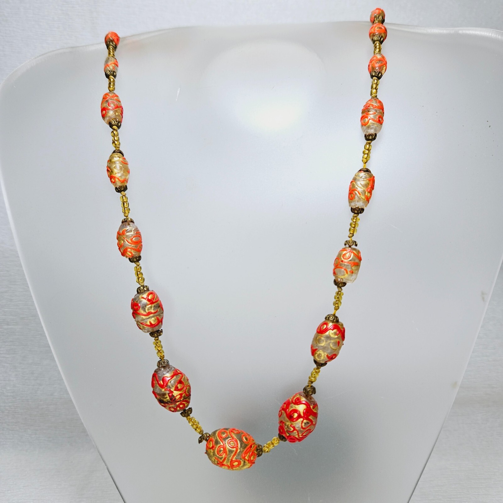 Antique Venetian Necklace Vibrant Red Looping Design Over 24k Foil Glass Bead