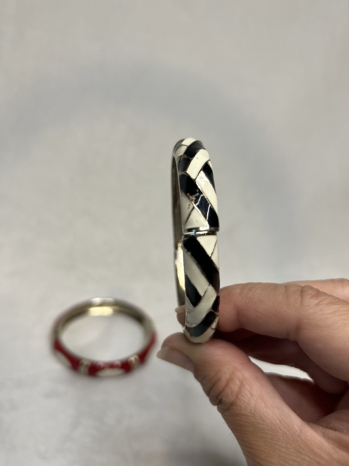 Vintage Enamel Bangle Bracelet Set Of 2, Hinged Gold Tone Red White Black
