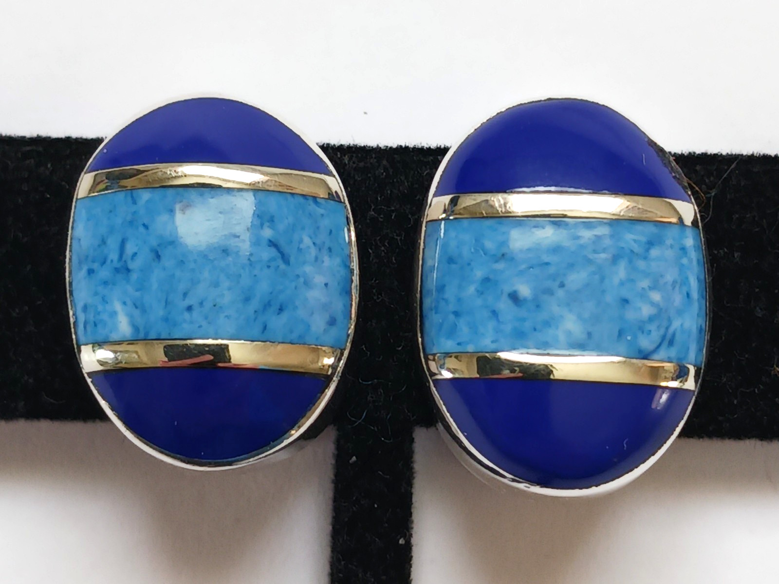 Sterling Silver Mexico 2 Tone Blue Lapis Denim Clip on Oval Earrings