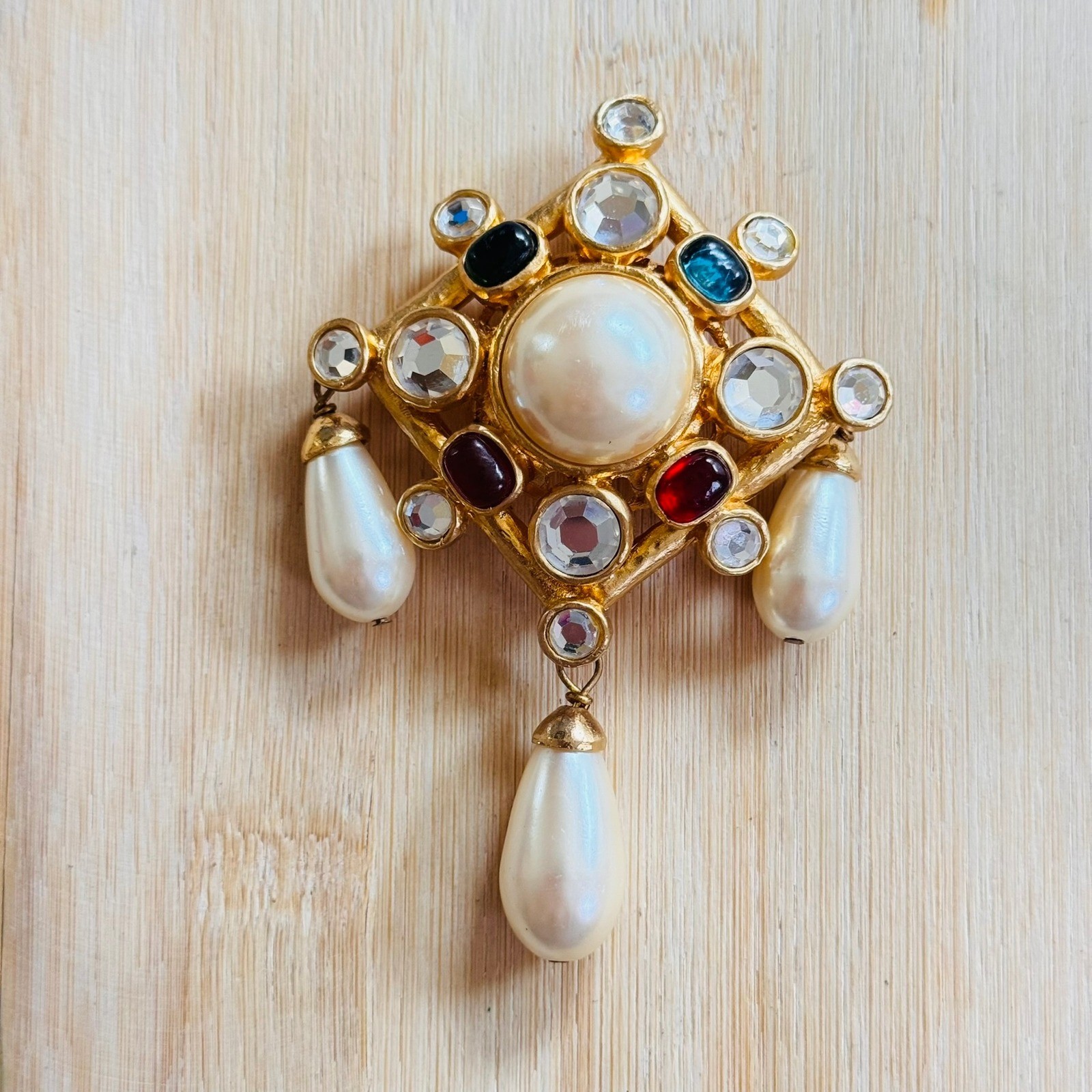 VTG Gripoix Style Regal Tassel Pearl Brooch Pin Chandelier Gold Cabochon 80s Big