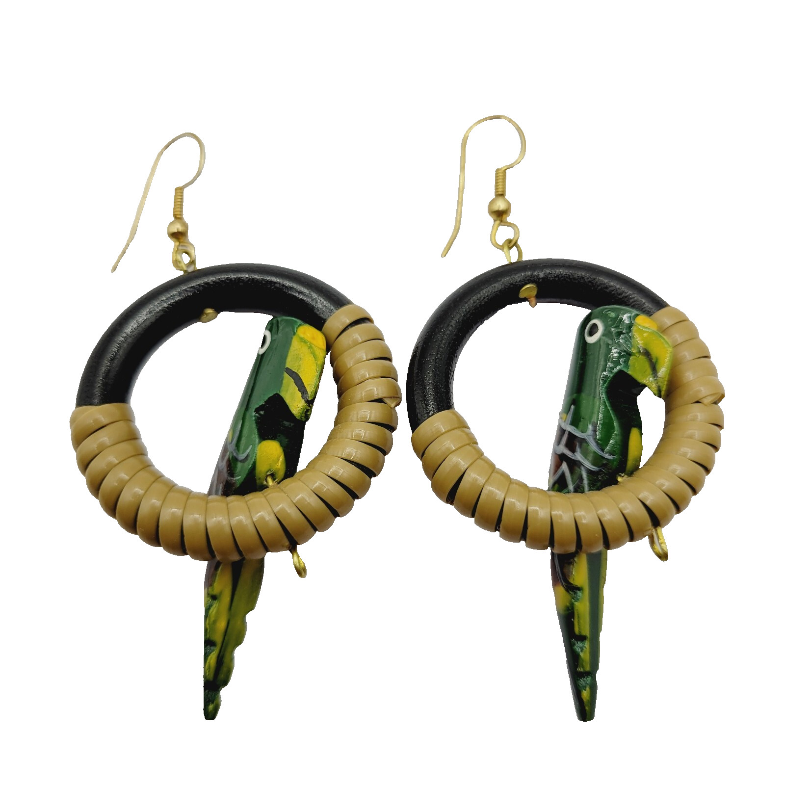 Parrot Macaw Tropical Hand Painted Carved Bird on Hoop Hook Pierced Vtg Earrings