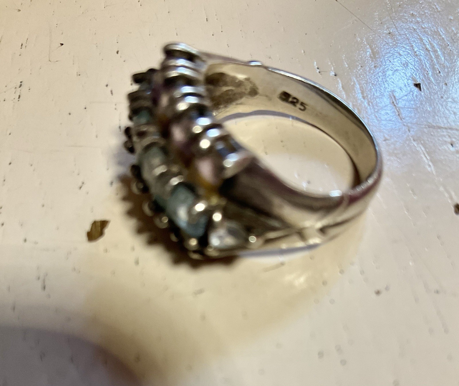 Vintage Multicolor 14 Stones Sterling Silver Ring Size 6.5 Green Purple Blue 925
