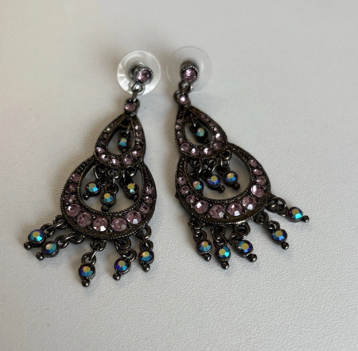 Vintage Gunmetal Pink Rhinestone Chandelier Earrings Aurora Borealis Drop Post