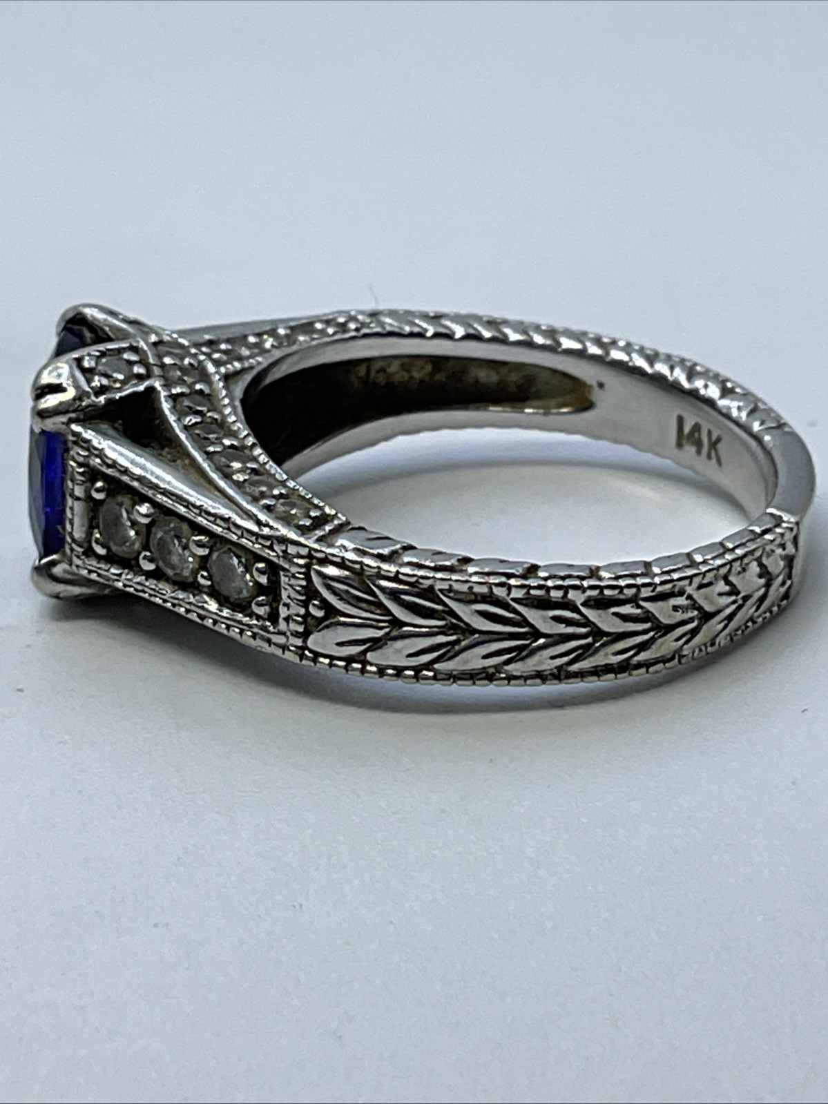 Ladies Ring Solid 14K White Gold Cushion Blue Stone & Diamonds VINTAGE HANDMADE