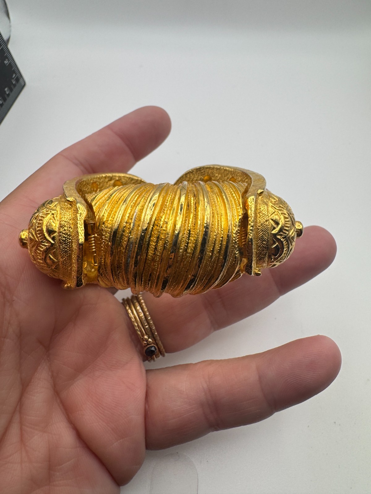 Vintage Kenneth Lane Clamper 1960s Etruscan Bracelet Gold Plated Heavy Cuff KJL