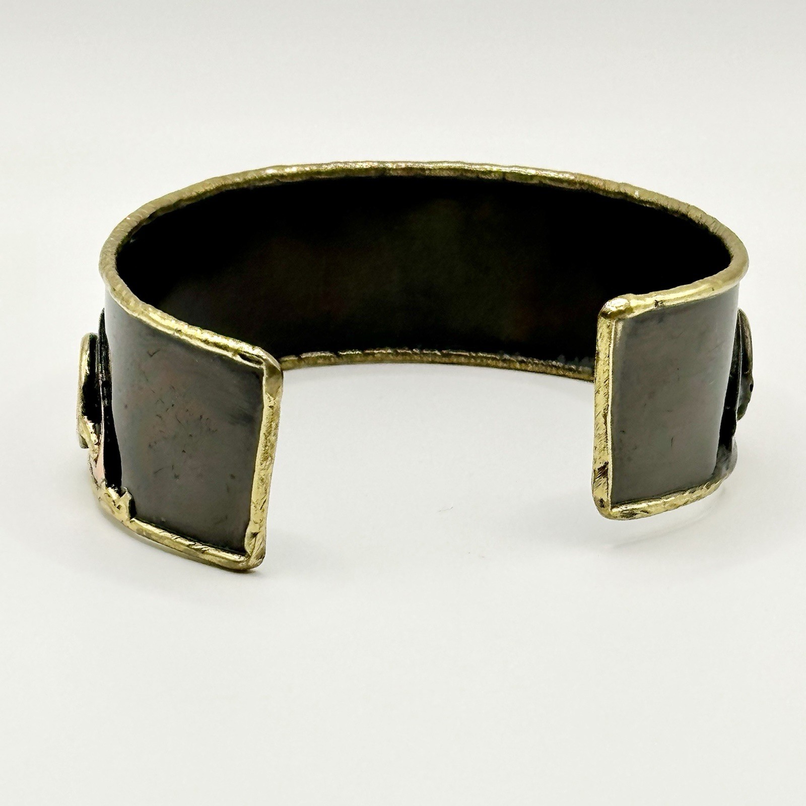 Vintage Brutalist Mixed Metals Cuff Bracelet Brass Copper Modernist Adjustable