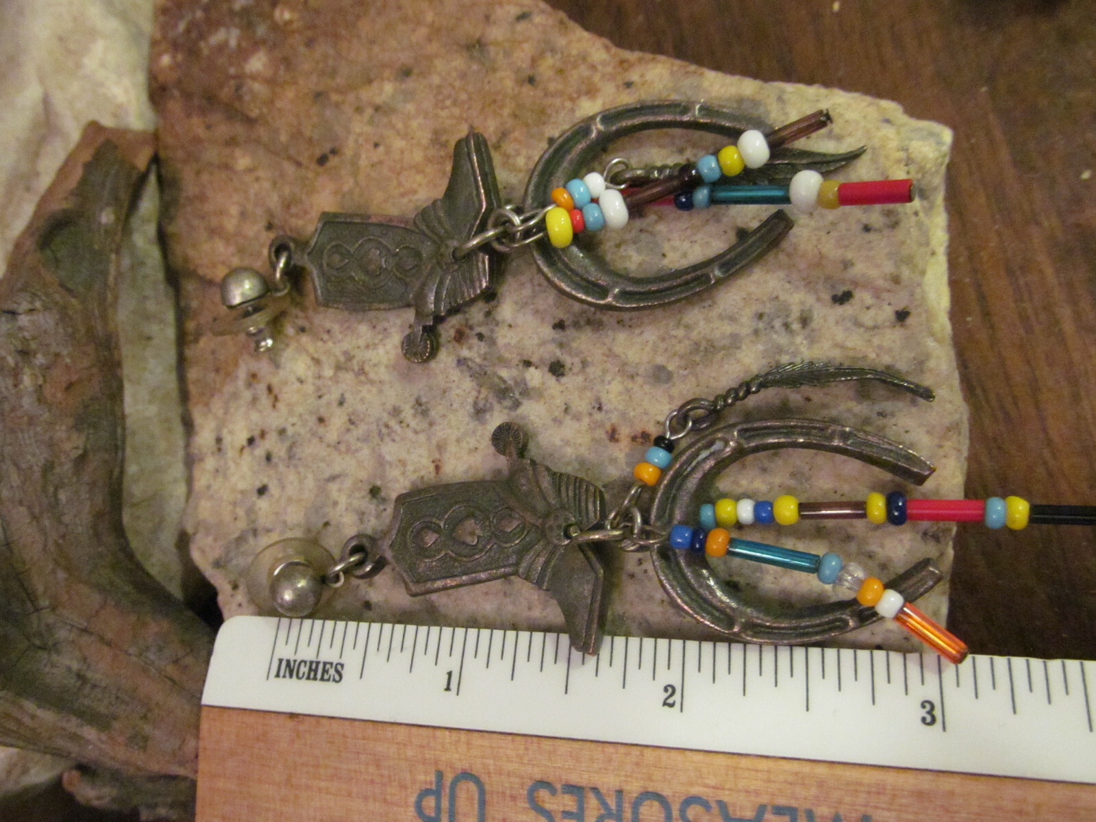 Western Brass tone Cowboy boots Horseshoe Feather Colorful beads Stud Earrings