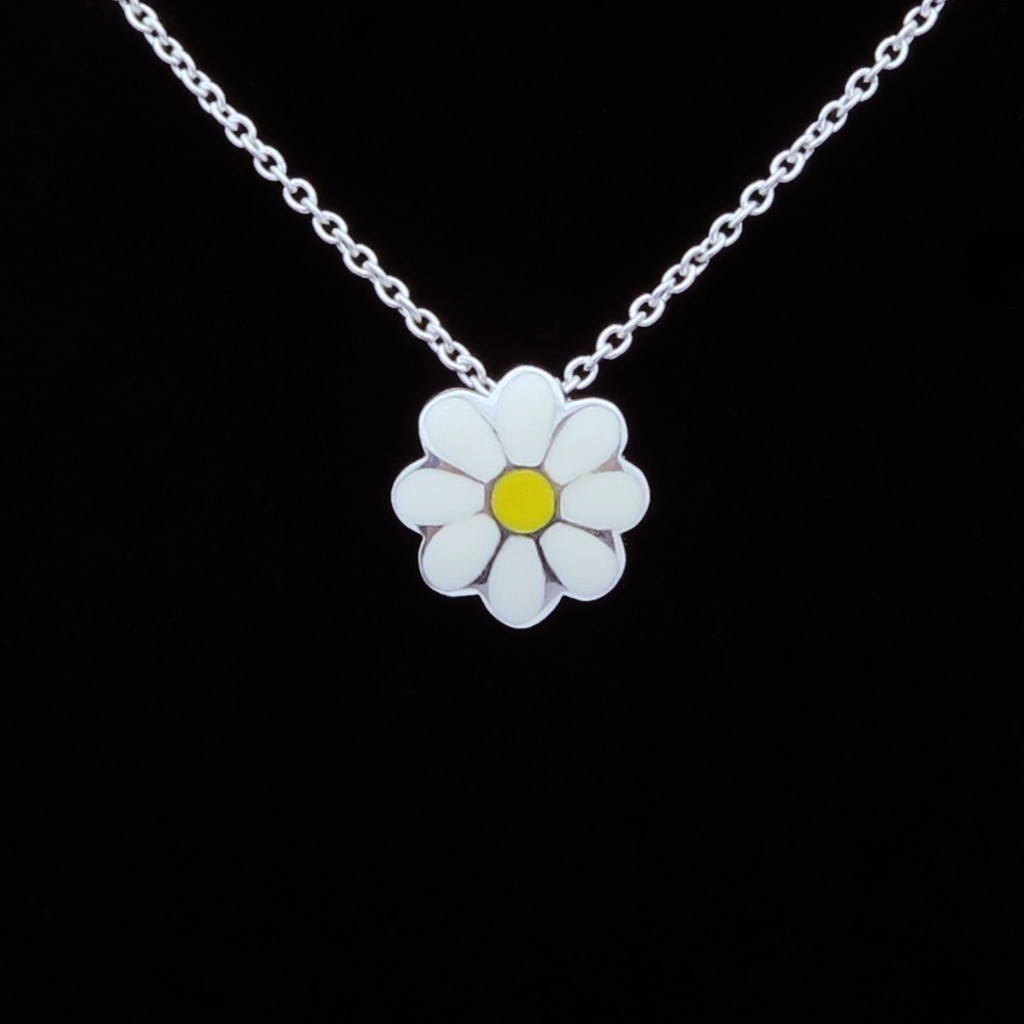 Vintage Kit Heath Sterling Silver Enamel Daisy Flower Pendant Kid’s 14″ Necklace