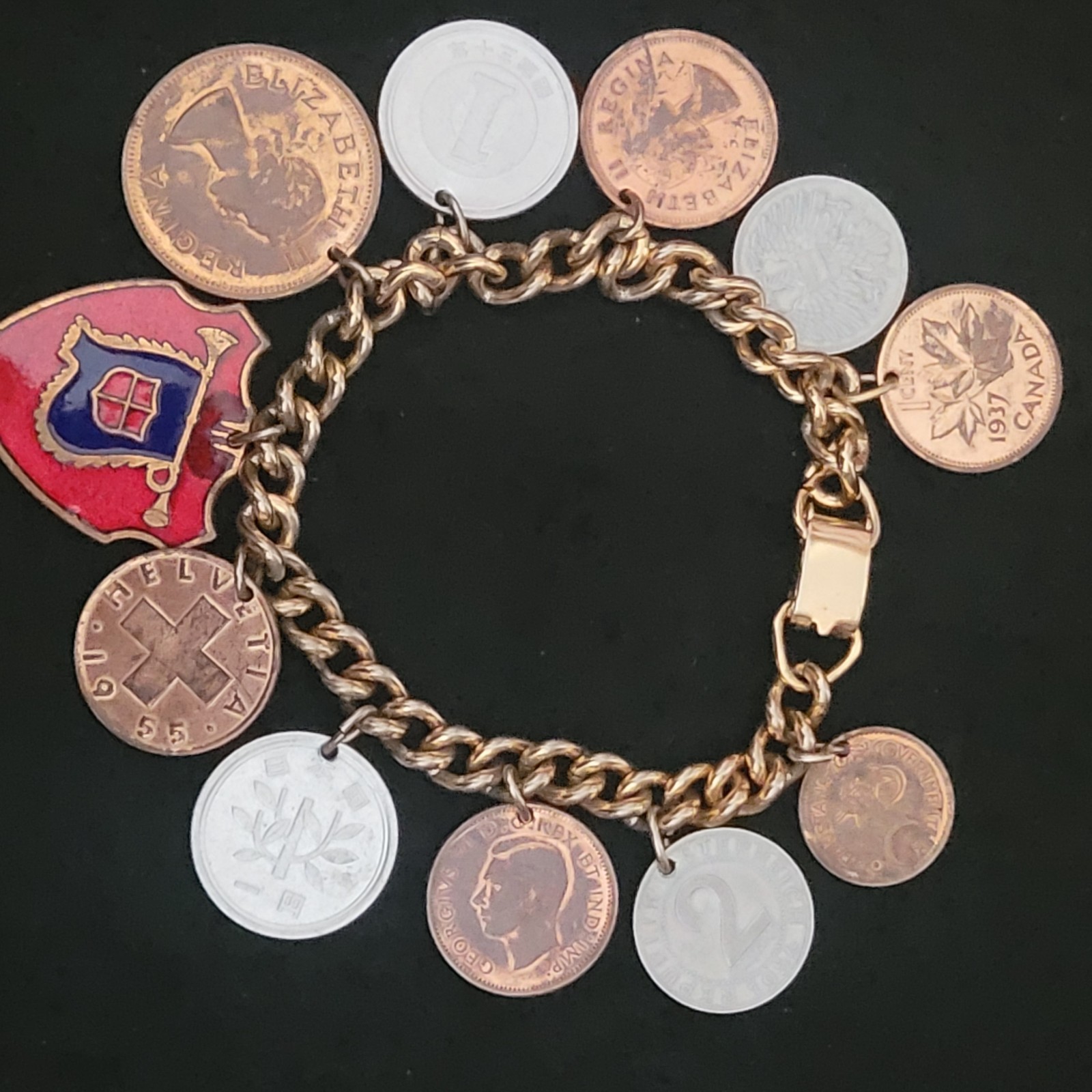 10 1930’s-1950’s Coins World Travel 6” Bracelet Can, Pak, Aut, Zaf, Jpn and Che