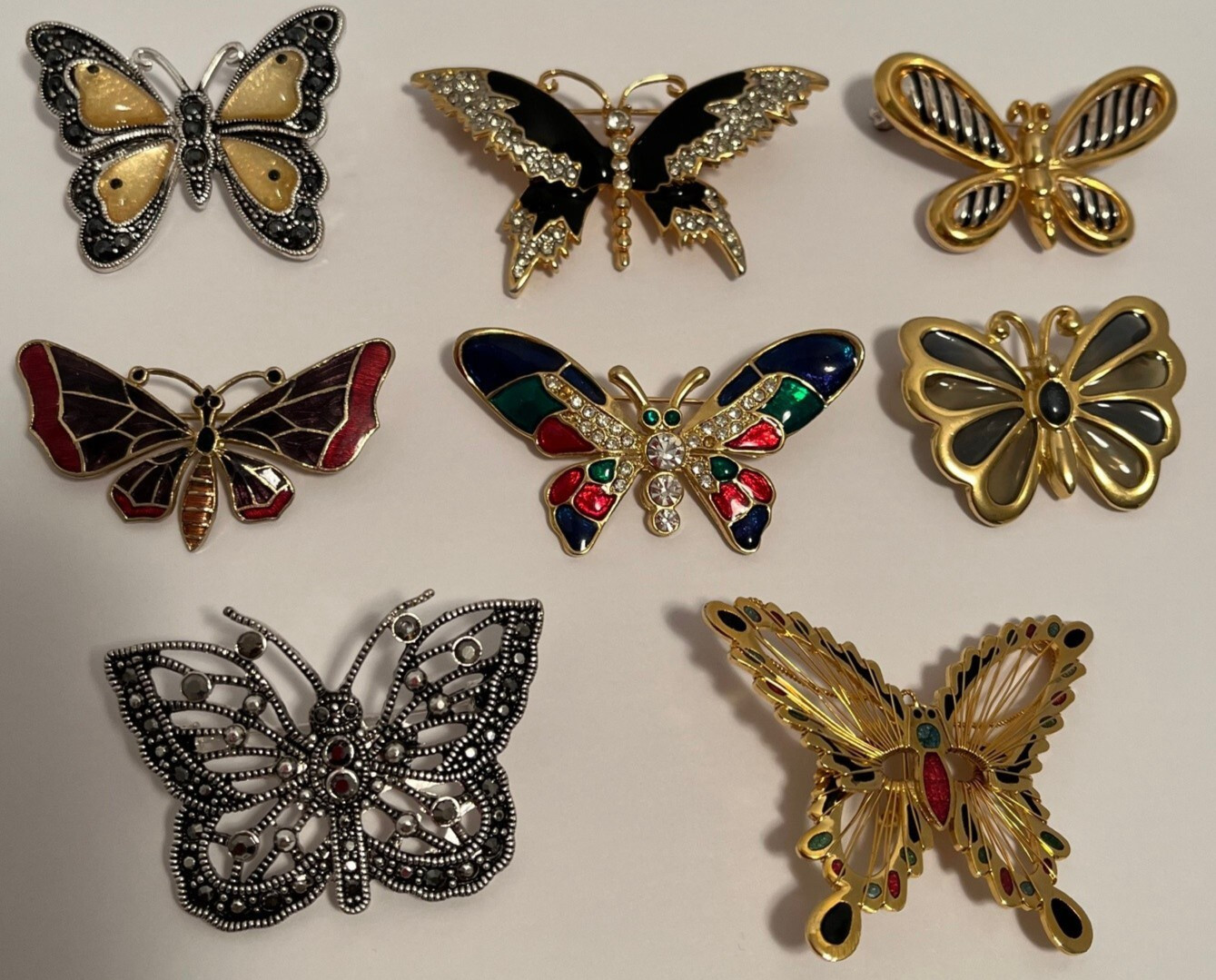 Butterfly Costume Jewelry Enamel Rhinestones Brooches Qty 8 Excellent