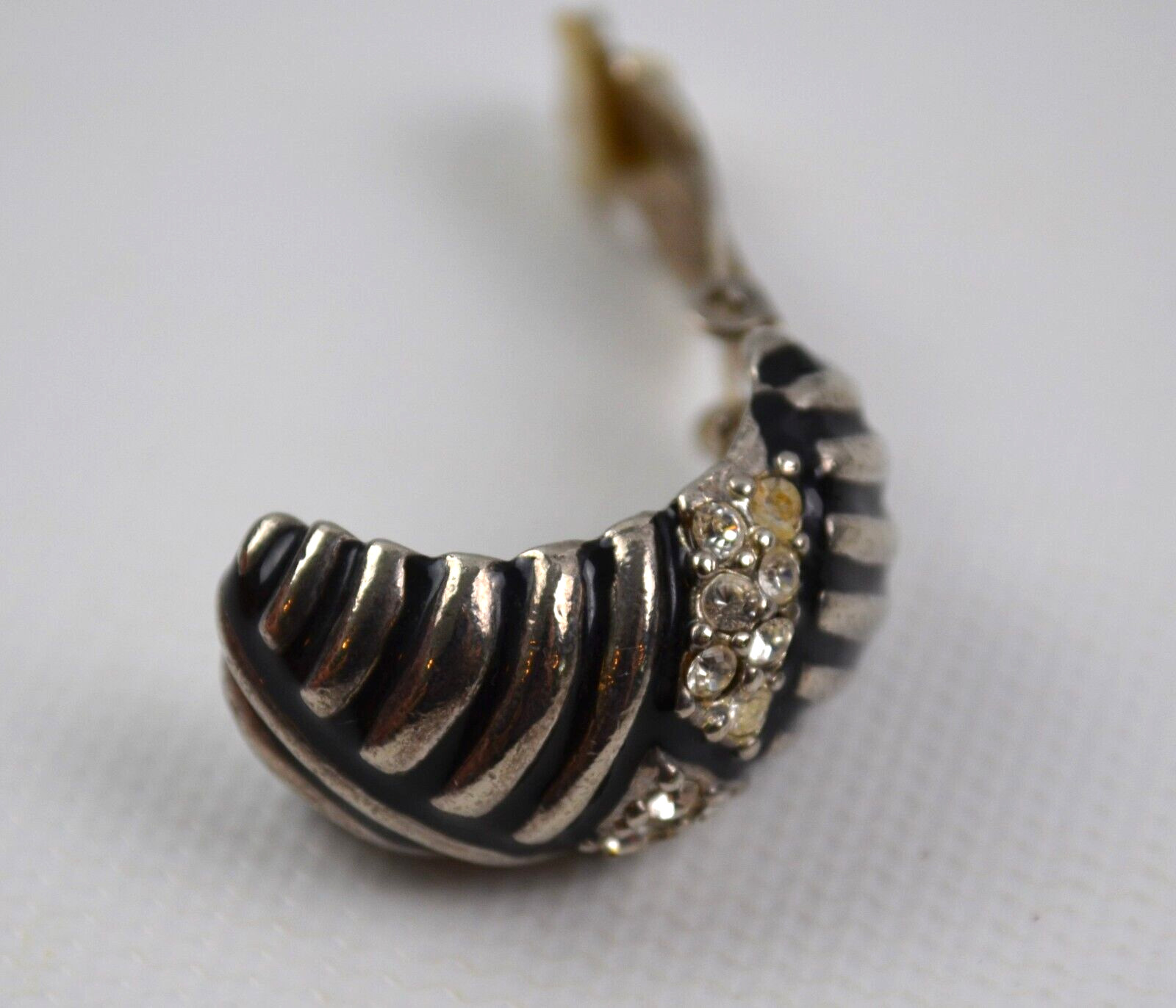 Vintage Silver Tone & Black Clip On Earrings with Clear Rhinestones 1.25″