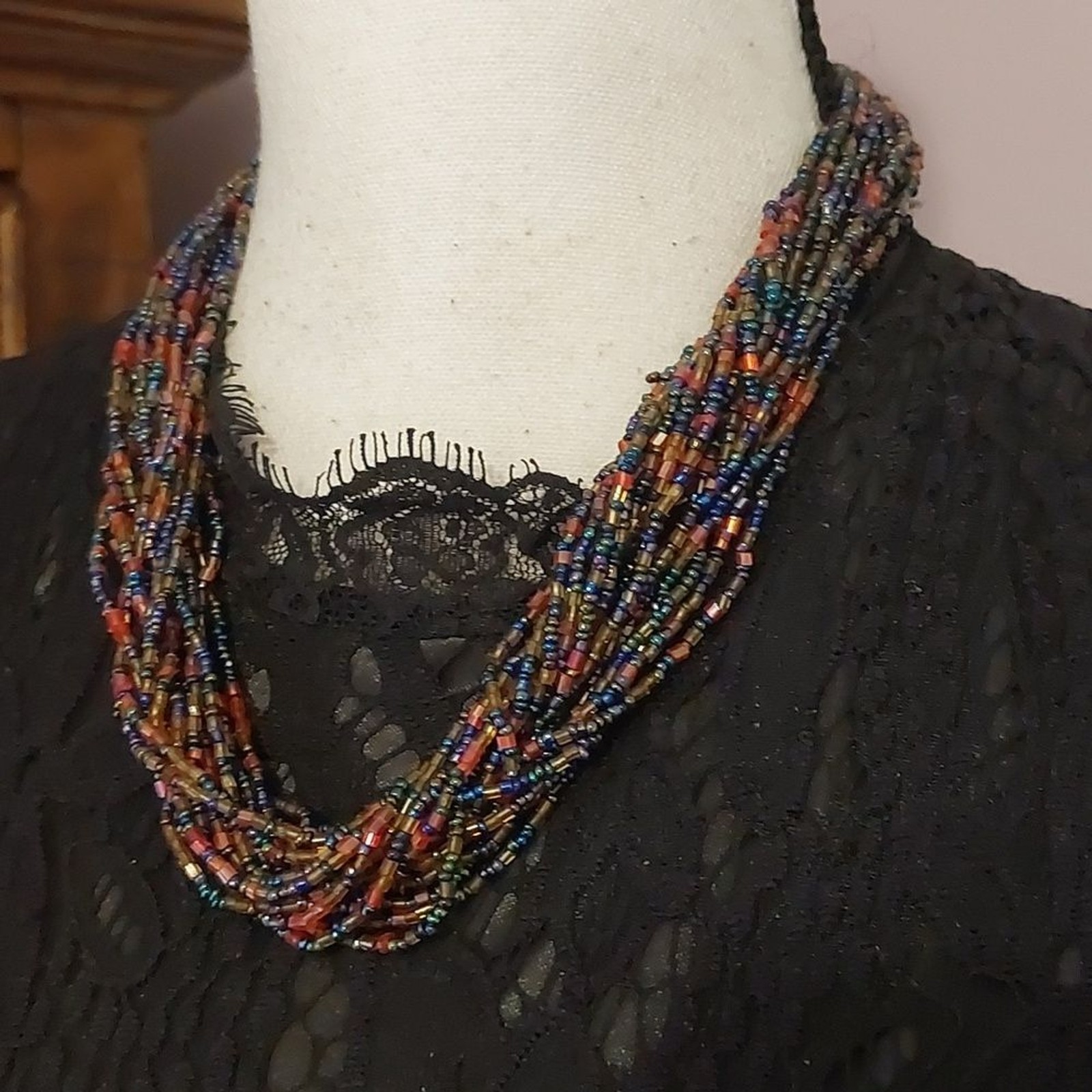 Vintage Artisan Colorful Multistrand Bead Necklace Hook and Loop Clasp