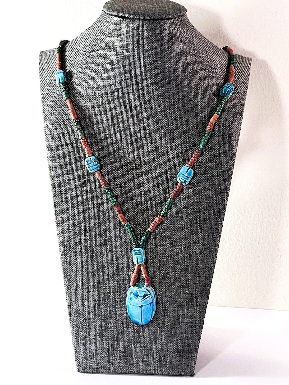 Vintage Egyptian Scarabs & Mummy Beads Necklace. 30″ Long