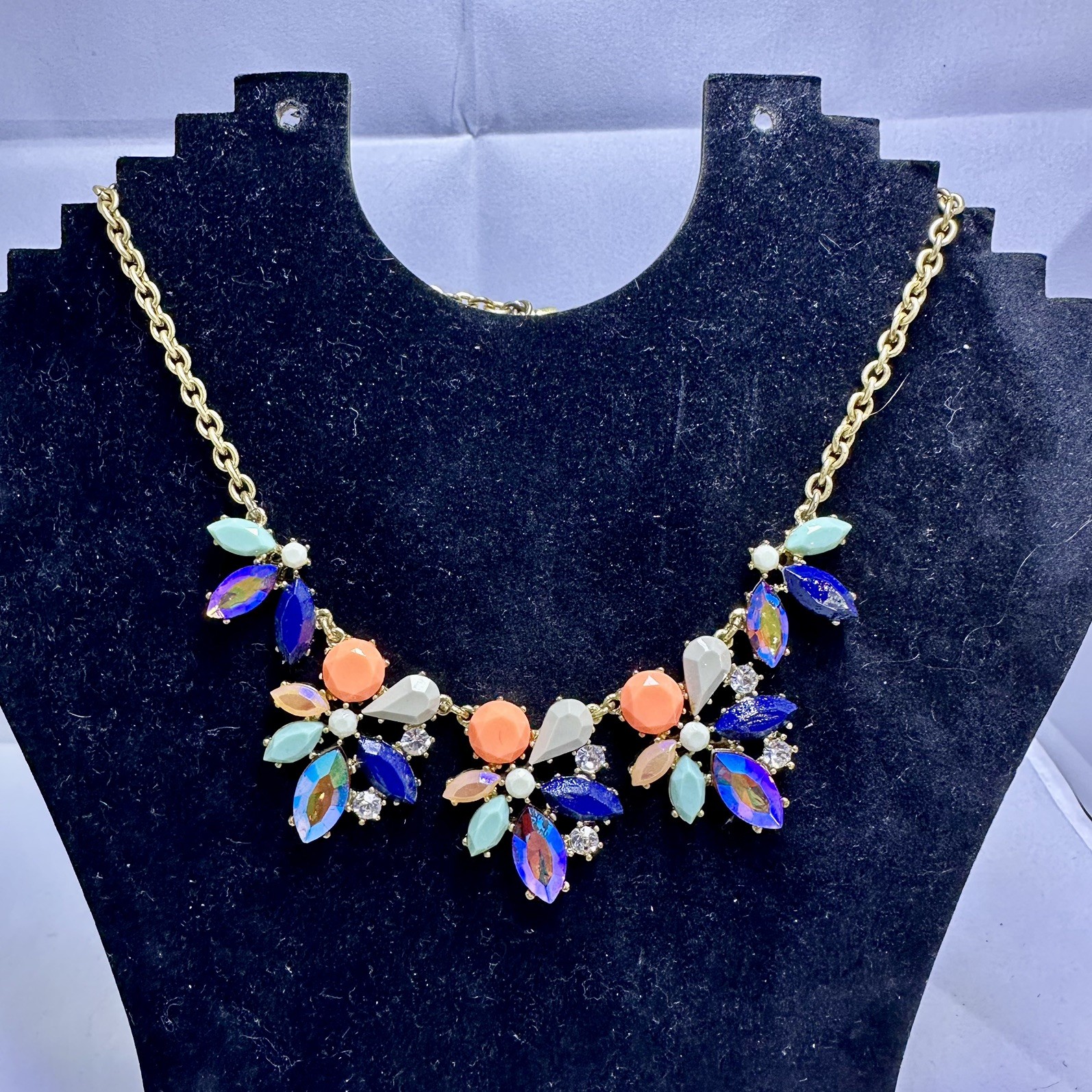 J. Crew GoldTone Multicolor Rhinestone Cluster Flower Necklace 19” adjustable