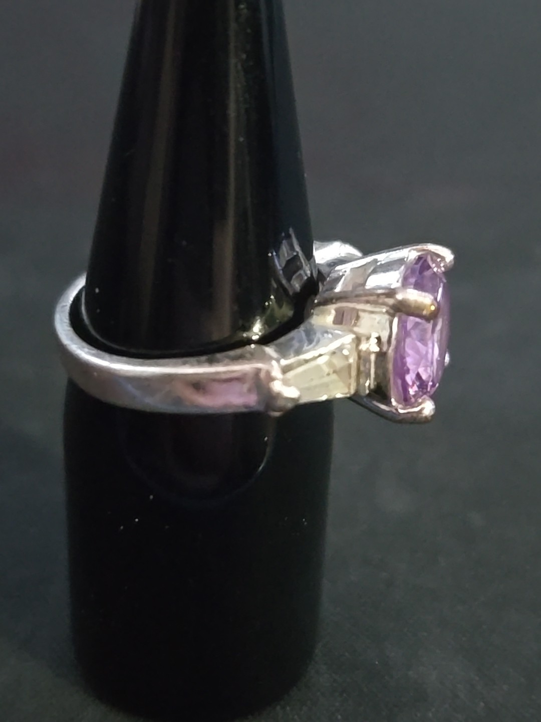 Vintage Silvertone Ring With Large Pink/purple And White Rhinestones Size 6