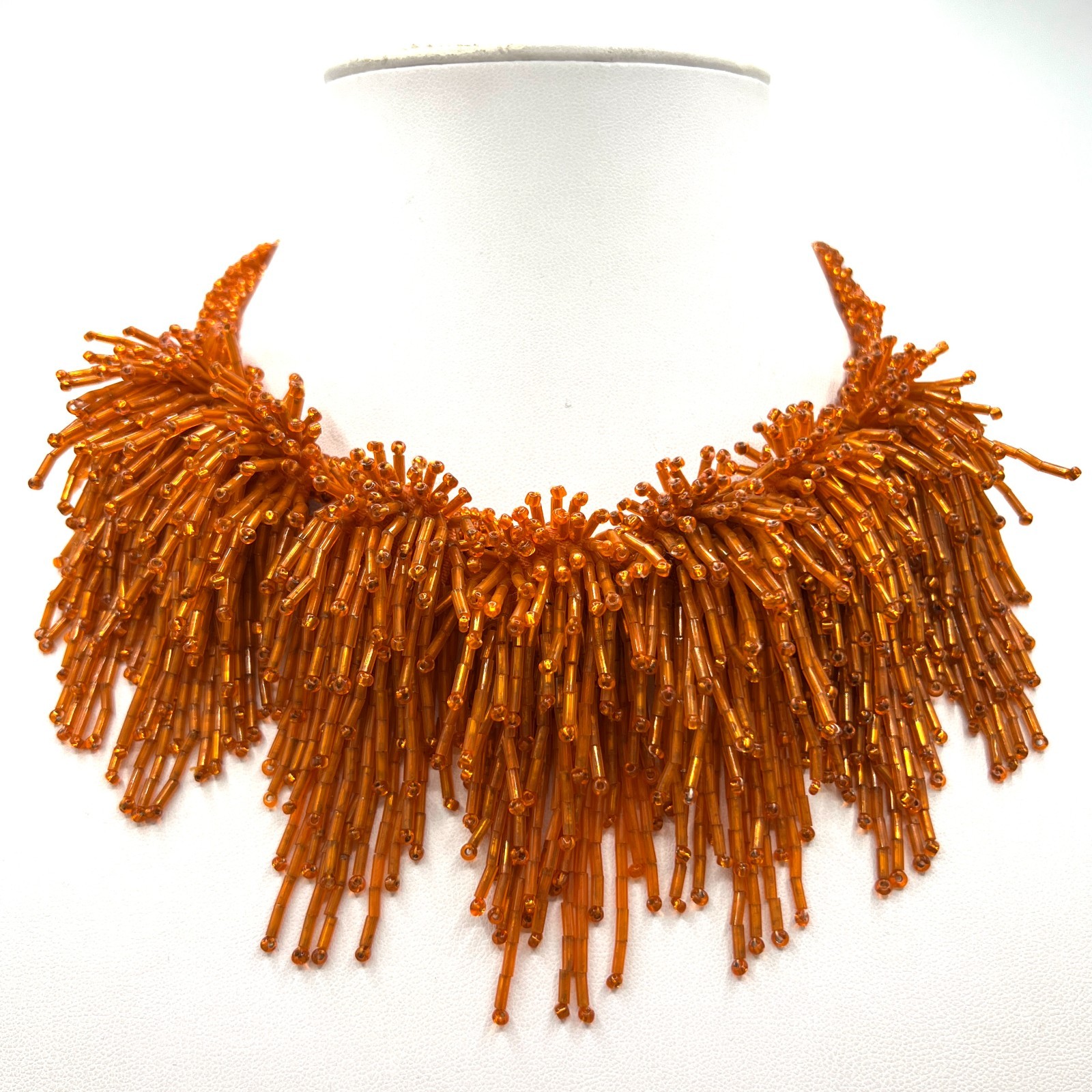 Vintage Orange Glass Beaded Fringe Necklace – Pom Pom Bib Statement Necklace
