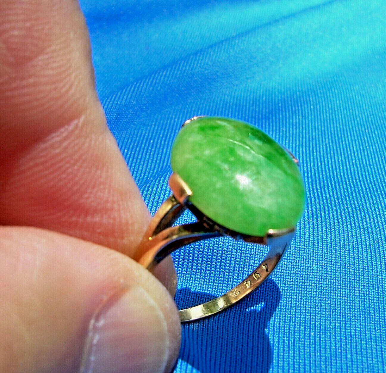 Original EARTH MINED Green Jadeite JADE Deco Engagement Ring 14K GOLD Solitaire