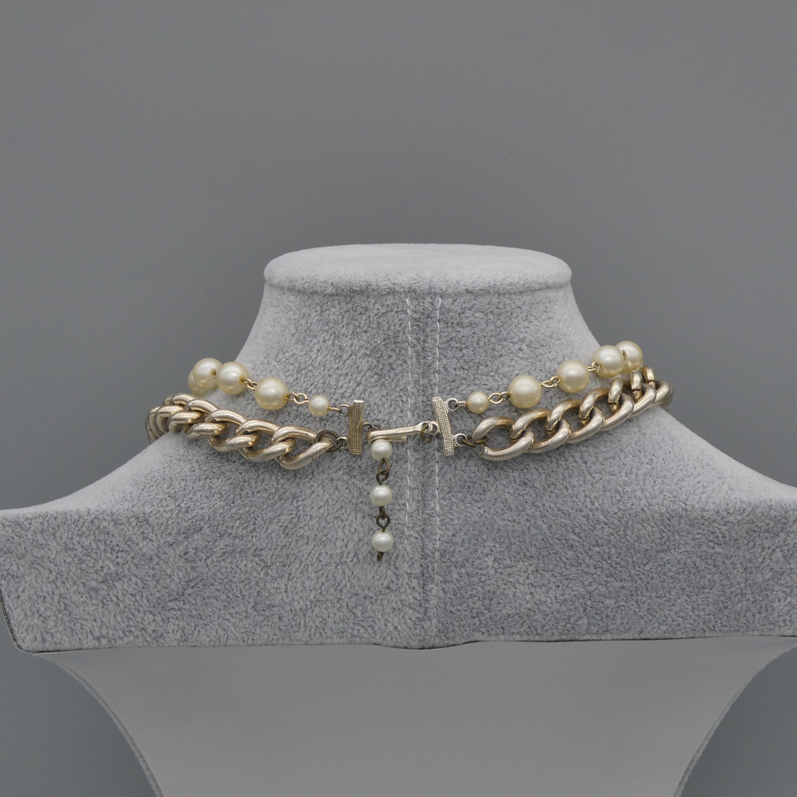Vintage Dual 2 Strand Choker Necklace Faux Pearl Gold-Tone Curb Link Japan 15″