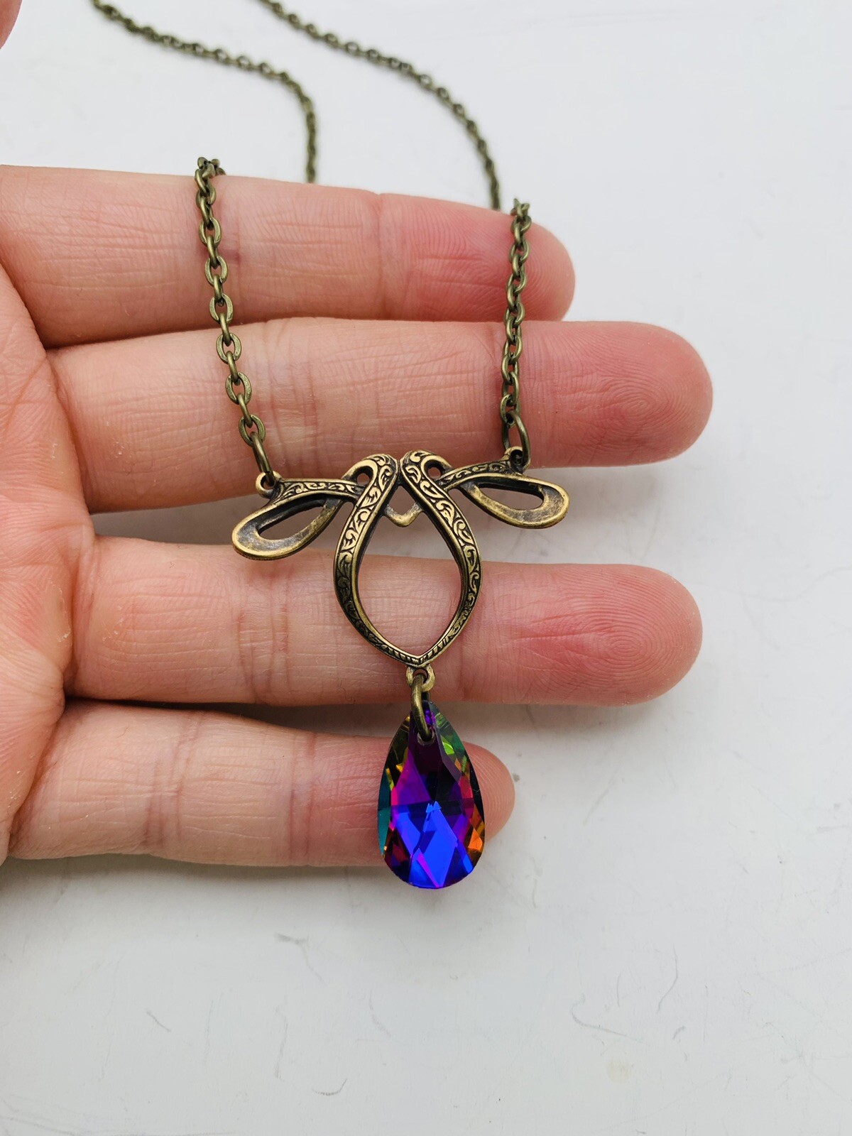 Vintage Style Art Nouveau Bronze Tone Rainbow Teardrop Bead 18 in Necklace