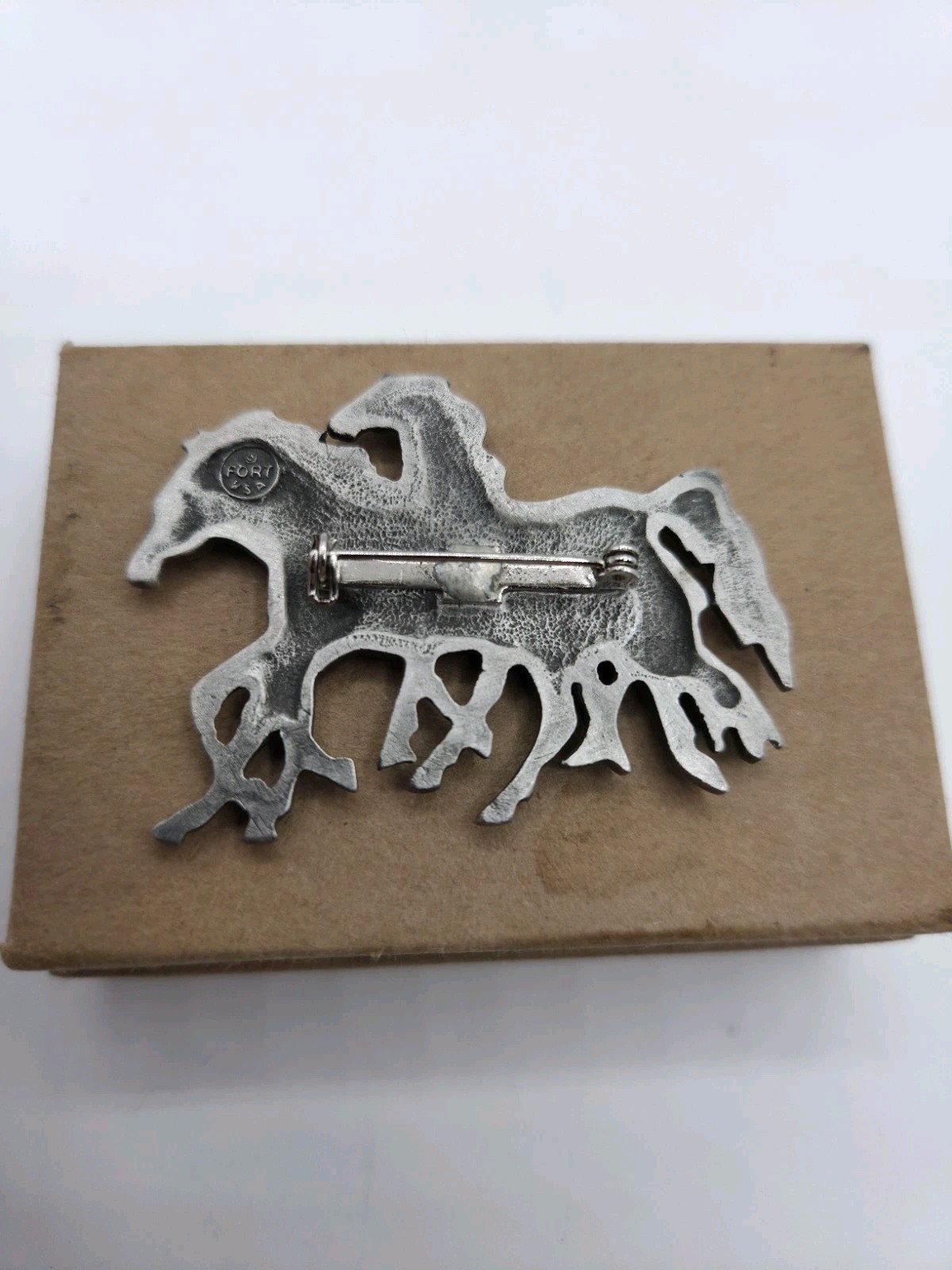 Vintage Signed Fort USA Pewter Triple Running Horse Brooch W/Box