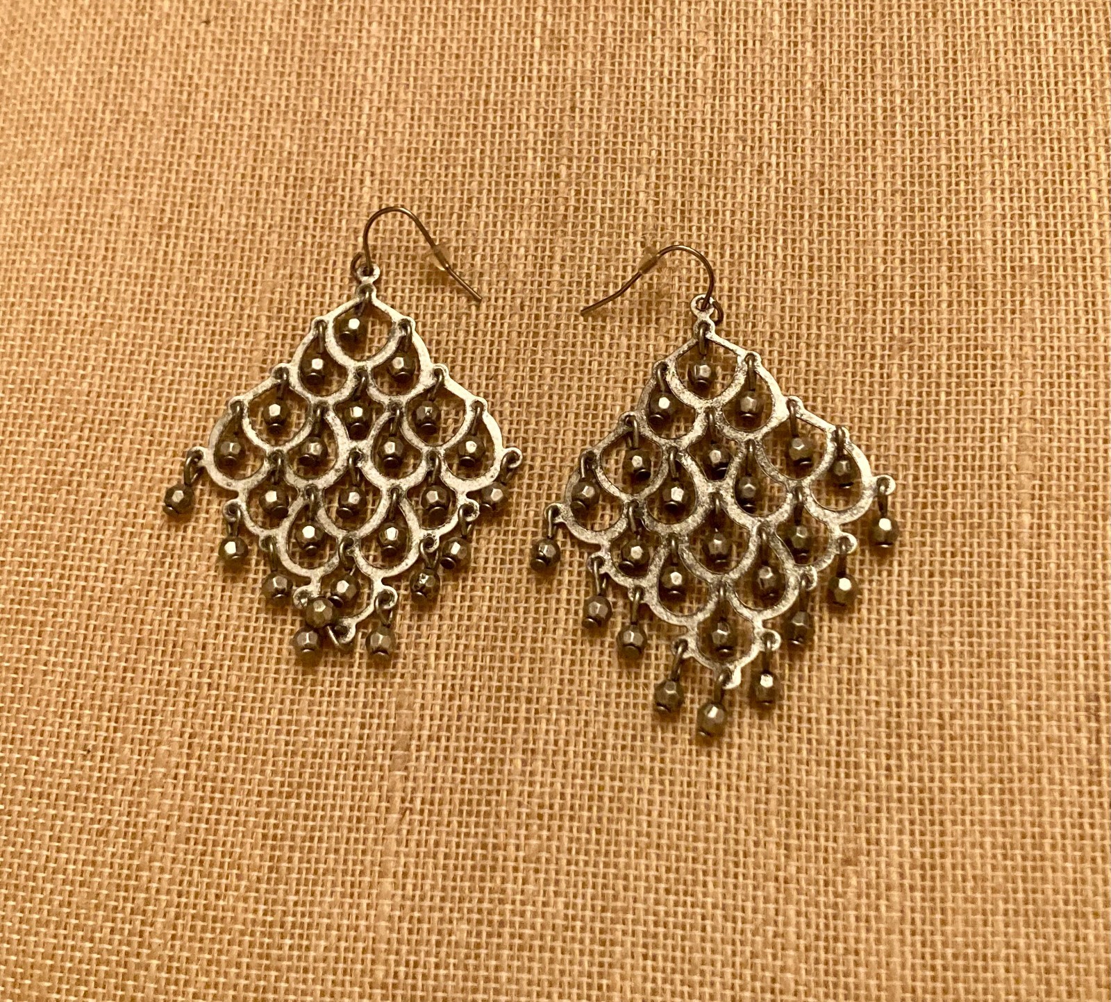 Vintage Chandelier Earrings Dangle Beads Silver Tone Pierced Hook Statement