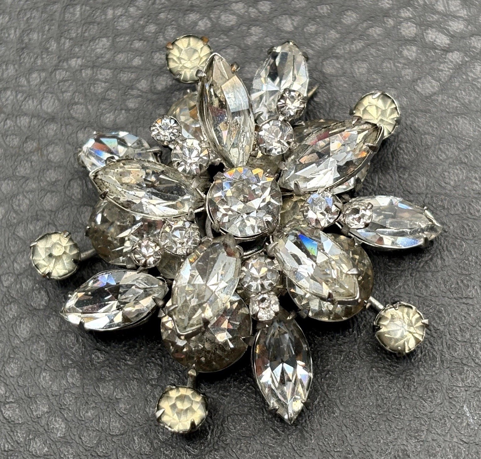 Vintage Austrian Rhinestone Atomic Starburst Brooch Silver Tone Crystal Pin