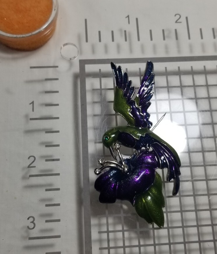 Colorful Hummingbird And Flower Brooch Purple Green And Blue Enamel Silver