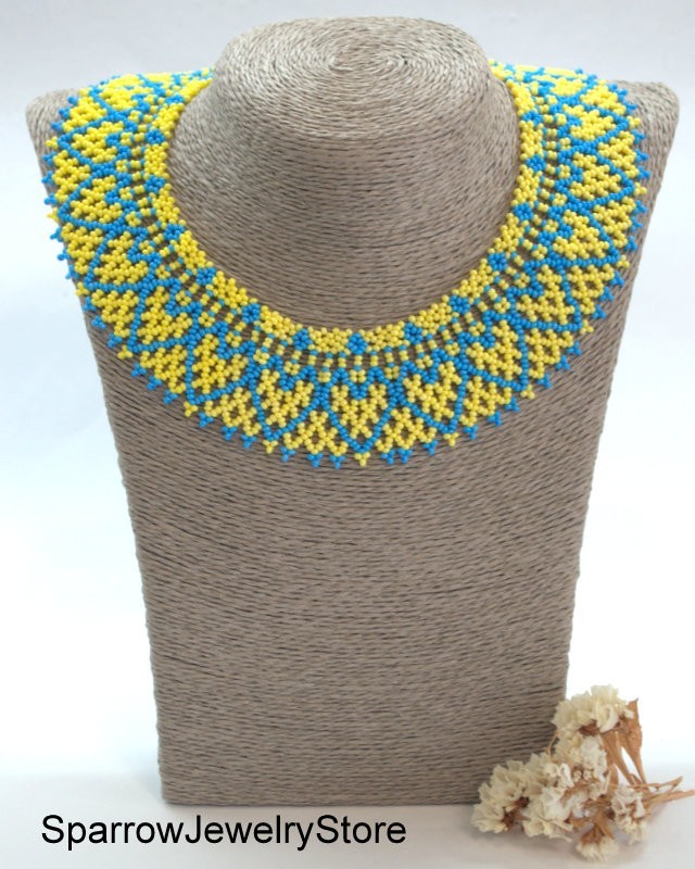 Blue yellow seed bead choker Czech glass bohemian necklace Ukrainian sylianka