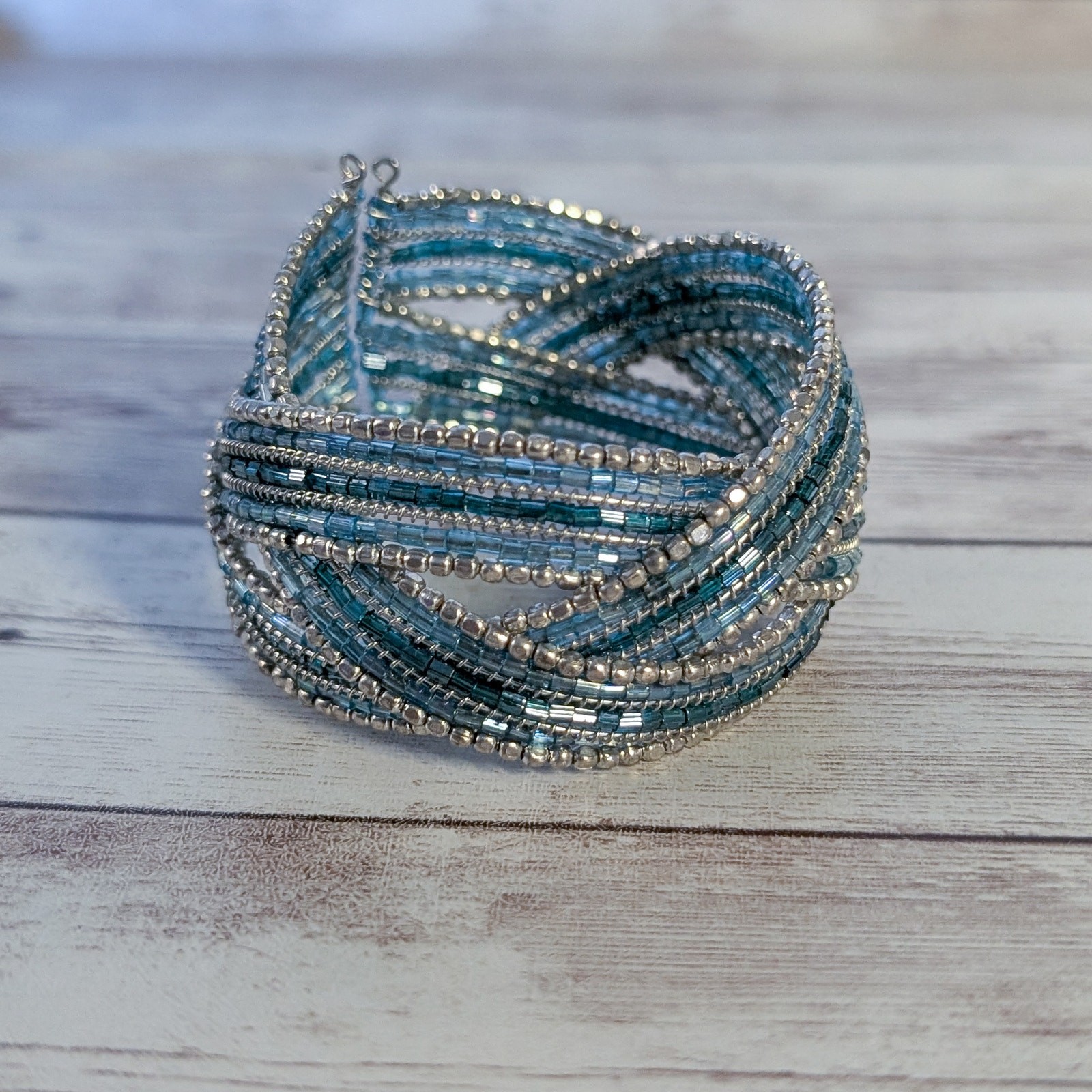 Vintage Bracelet Wide Blue & Silver Tones