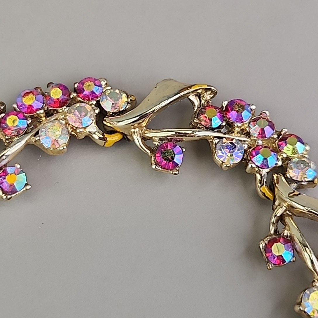 Vintage BSK Rhinestone Necklace AB Red Gold Tone Choker 16″