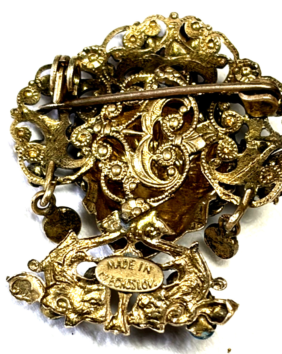 Antique Czech Art Deco Bohemian Glass Filigree Enamel Brooch Turban Sultan 1920s