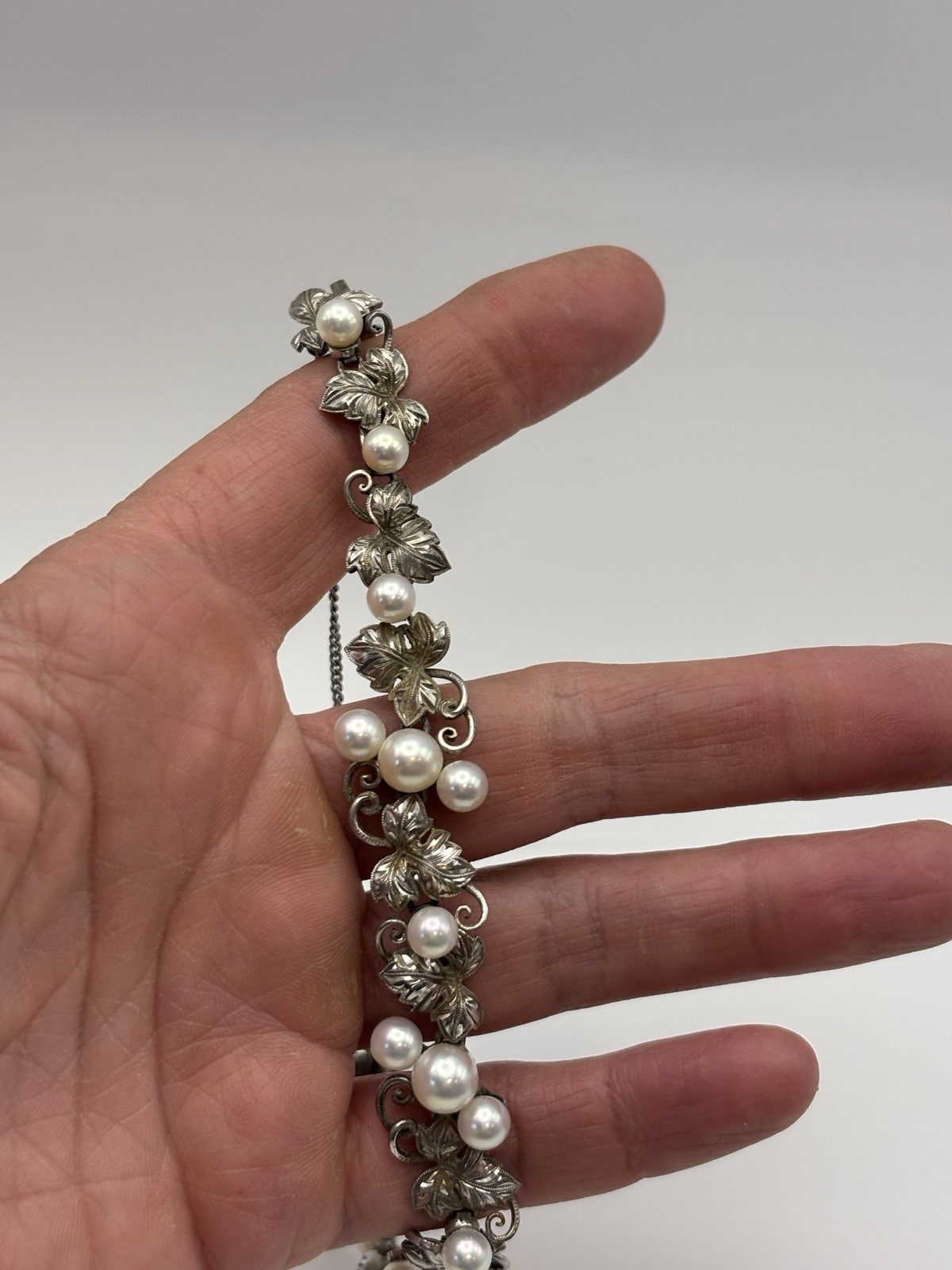Authentic Vintage Mikimoto Silver Pearl Ornate Bracelet