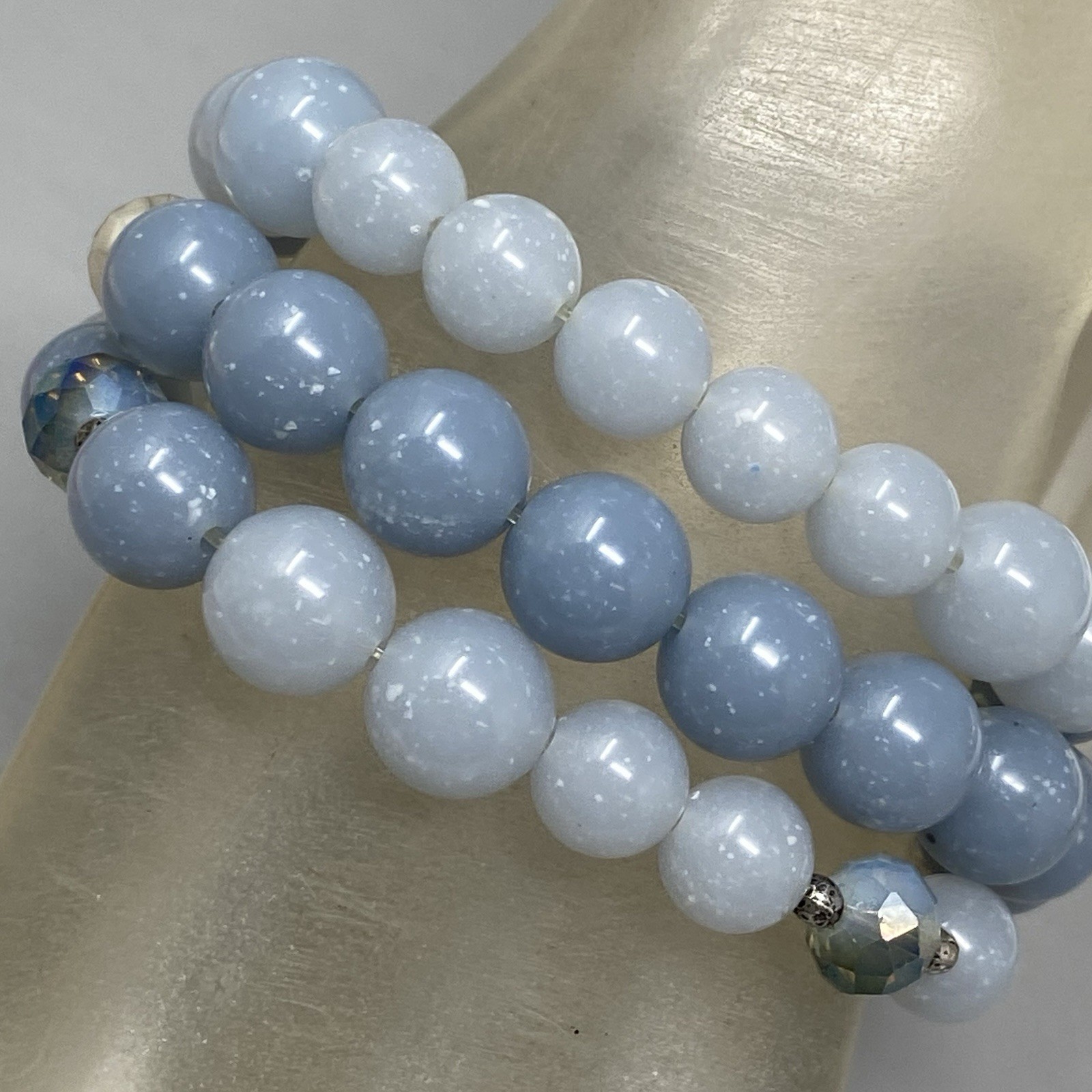 Blue Faux Stone Beaded Bracelets Set of 3 Acrylic Cream Stretch Glass Spacer 7″