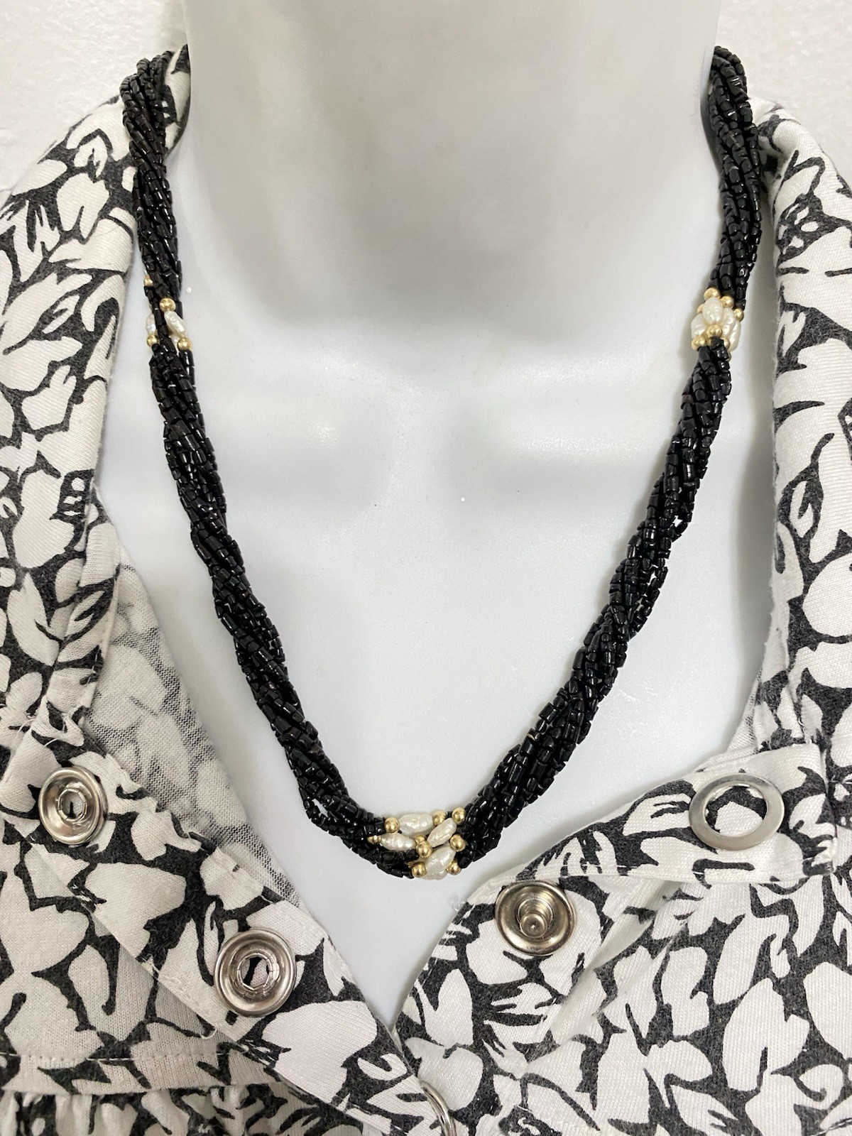 vintage genuine black coral Small elongated beads necklace Braided 6 Strands