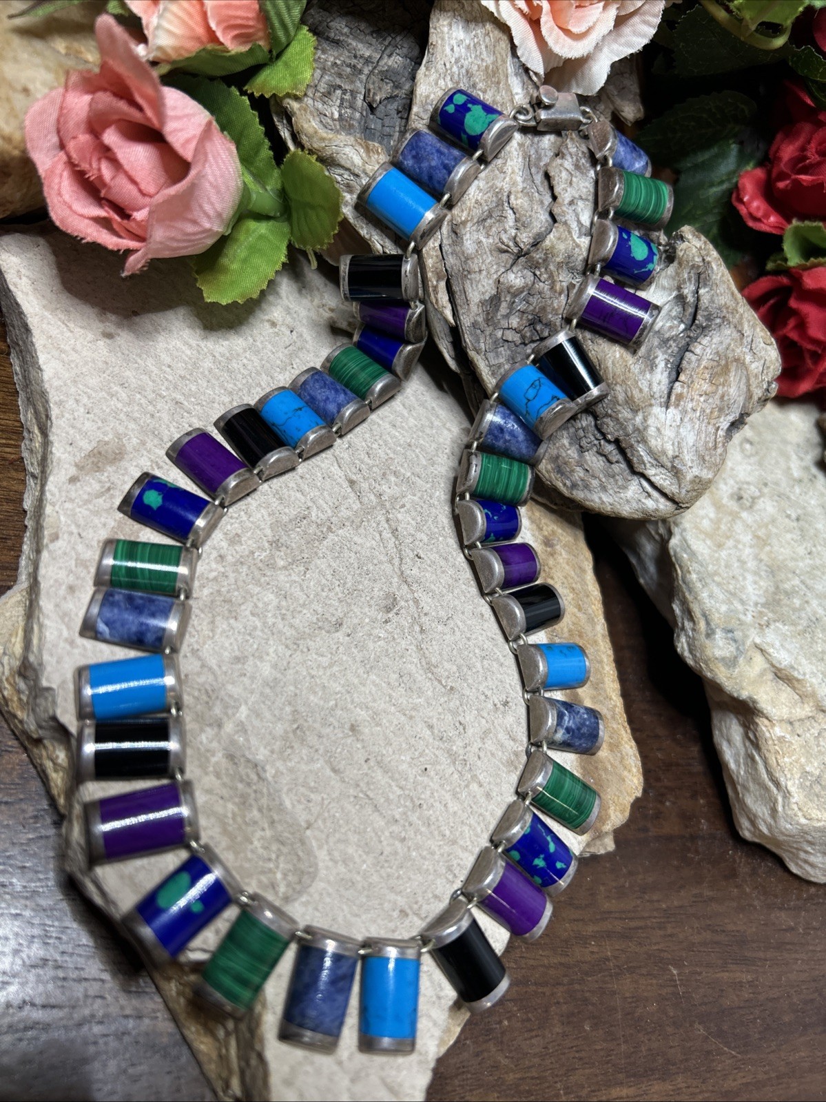 53. Vintage 925 Sterling Inlaid Multi Stone Link Collar Necklace 16″, 57.7g, Mex