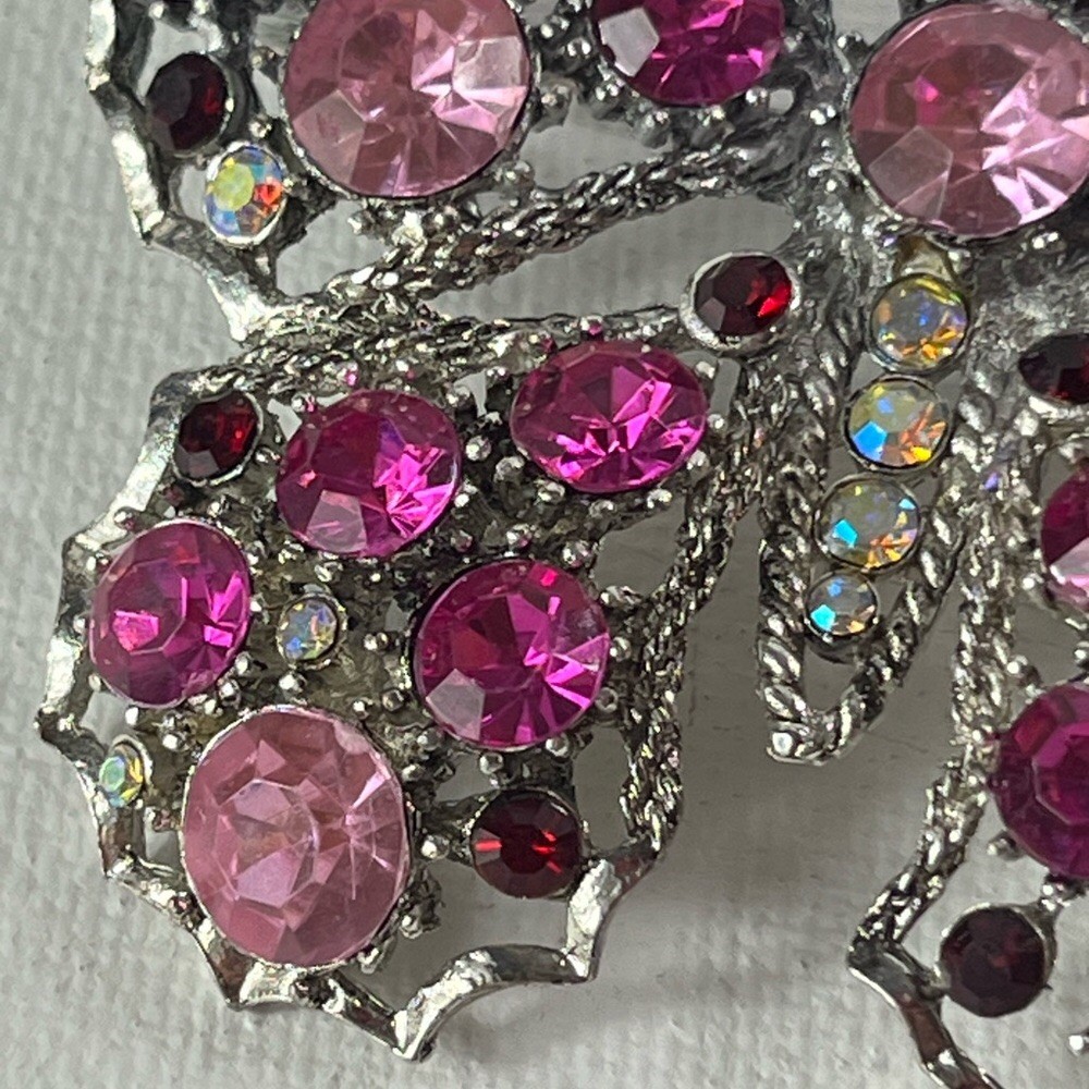 Elegant Pink Butterfly Brooch Pin Multi-colored Rhinestones Approximately 2” Vtg