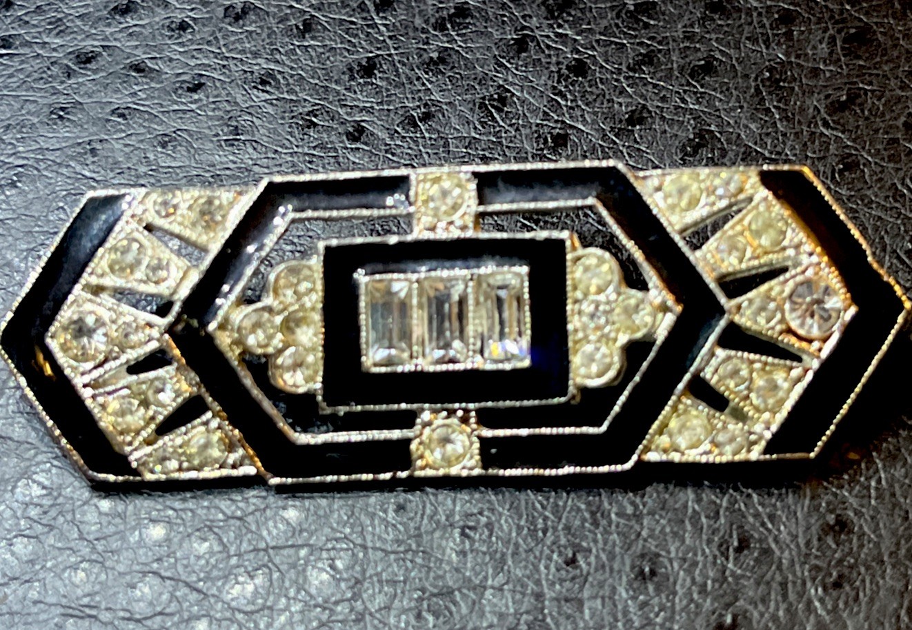 Vintage art deco style pin black enamel with rhinestones