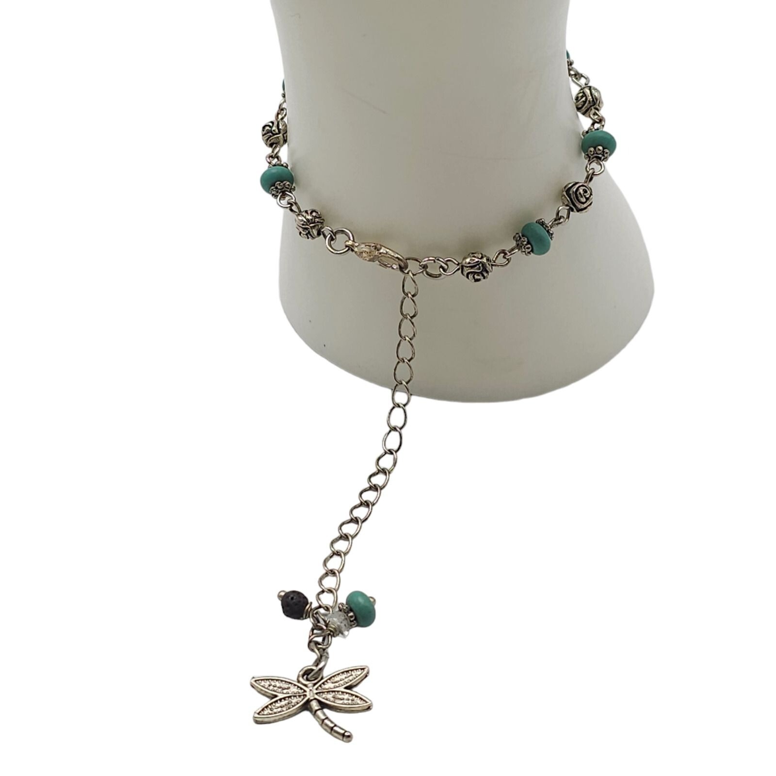 Blue Turquoise Beads Dreamcatcher Dragonfly Charm Station Link Bracelet Vintage