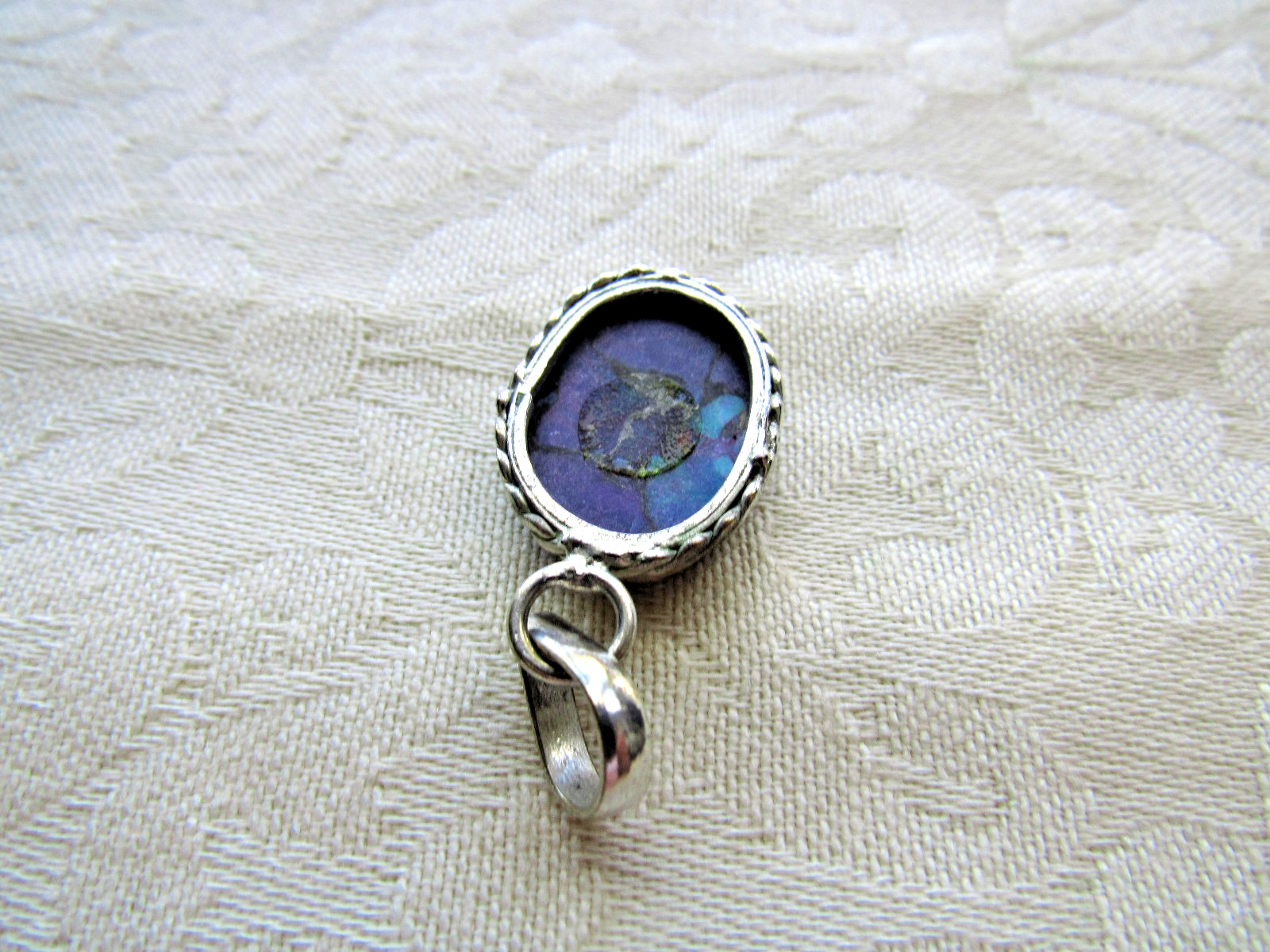 Vintage Silver Pendant Purple & Blue Turquoise Stone Bezel Set Flat Cabochon