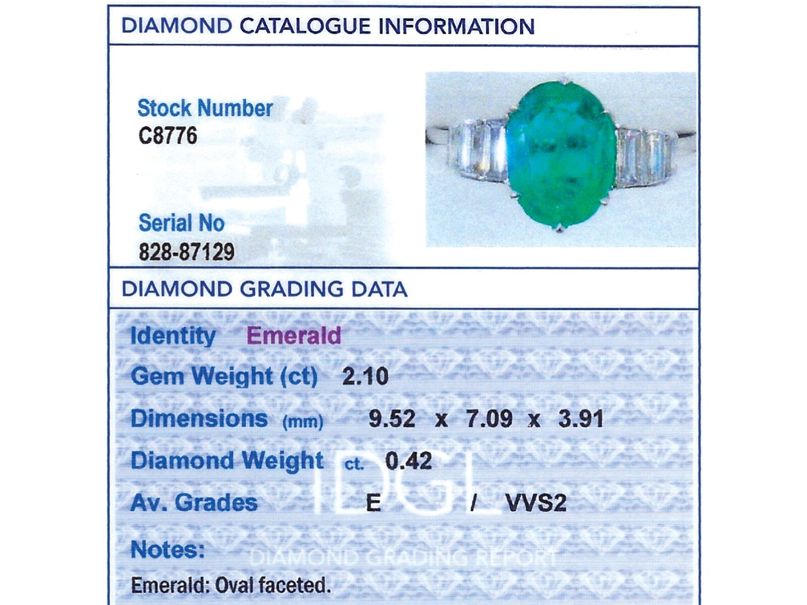 Antique 2.10Ct Emerald and 0.42Ct Diamond, Platinum Dress Ring Circa 1935