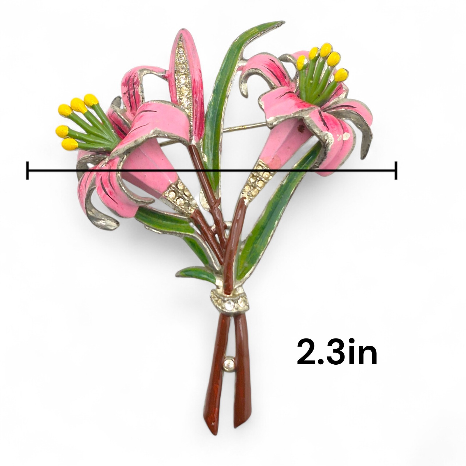 Vintage Coro Trembler Brooch Pink Lily Flower Enamel & Rhinestone Unsigned 3.3in